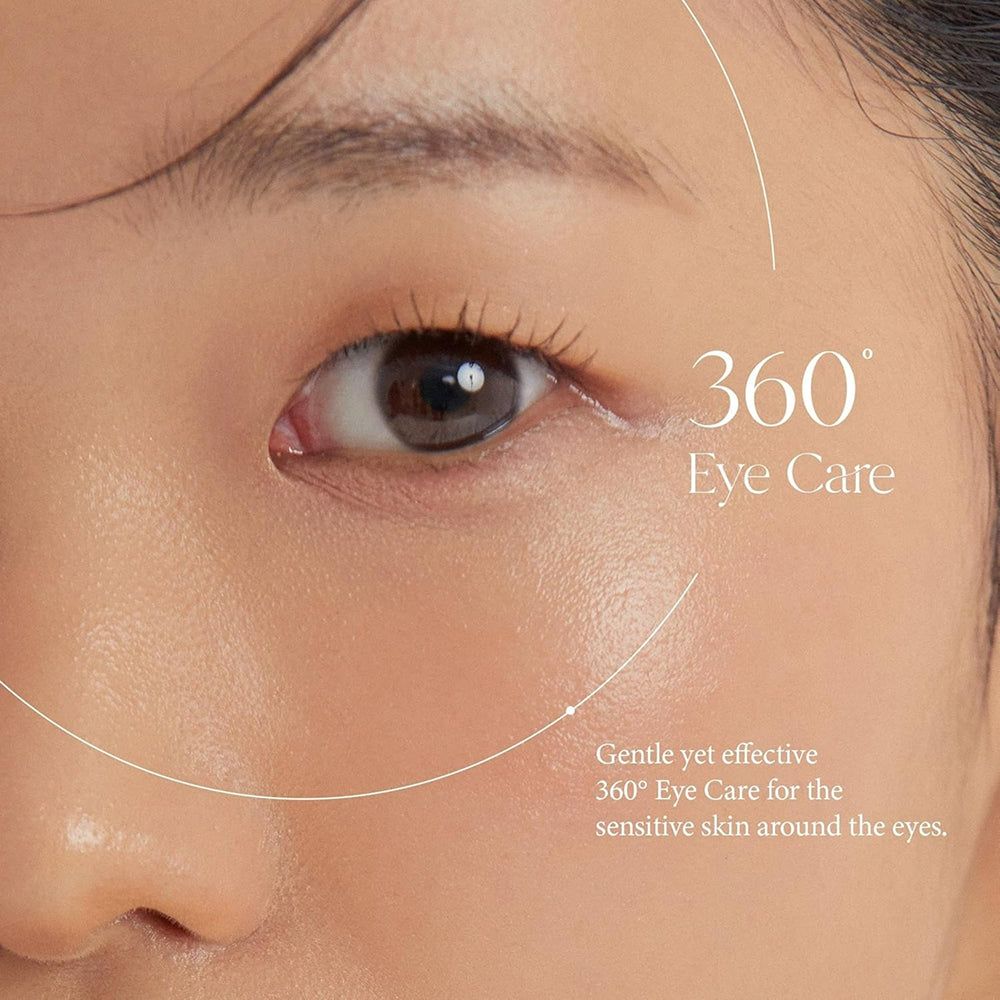 Gros plan sur un œil et la peau du visage. Texte : 360° Eye Care. Soin doux pour peau sensible.