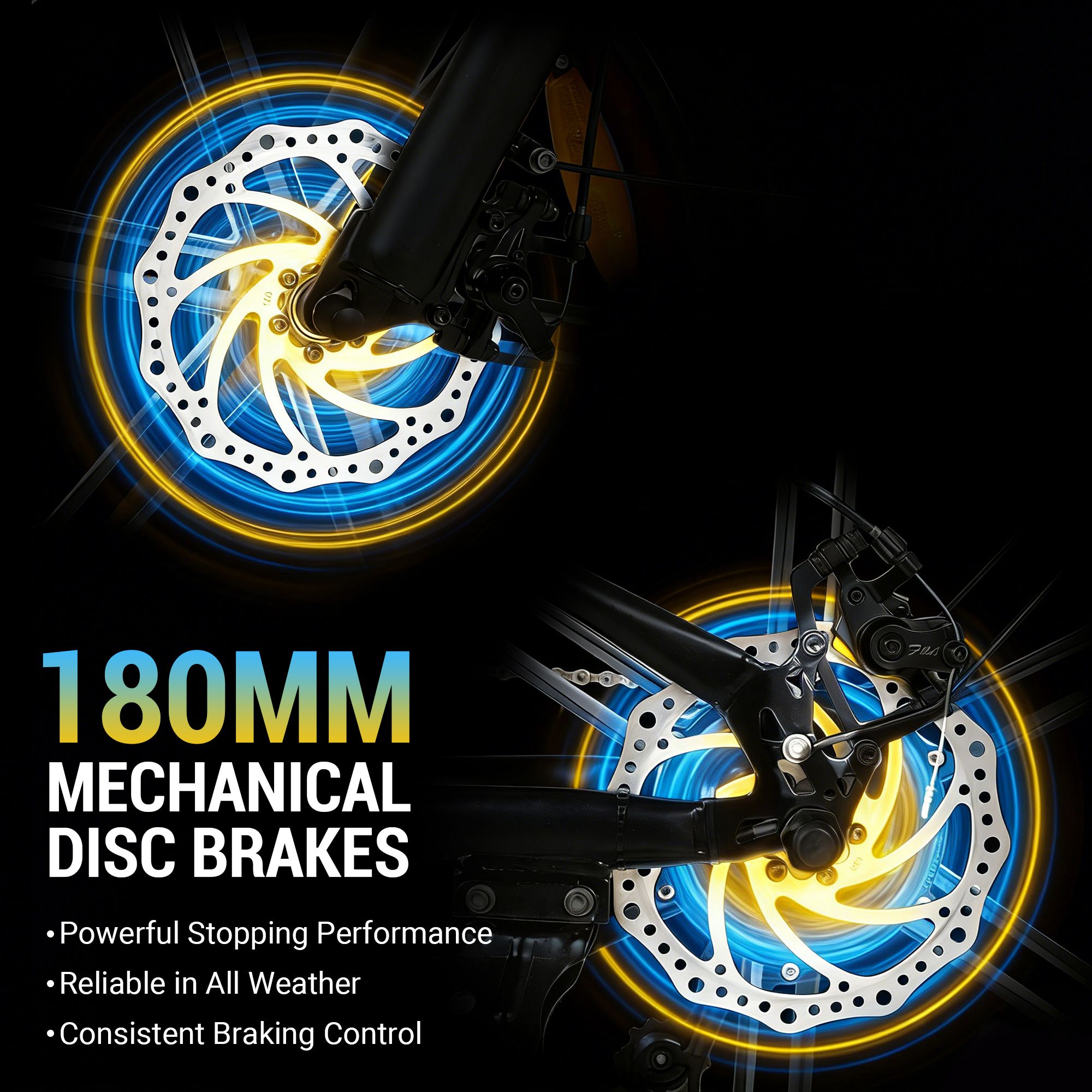 Gros plan des freins à disque avec texte: 180MM MECHANICAL DISC BRAKES. Éclairage jaune-bleu.