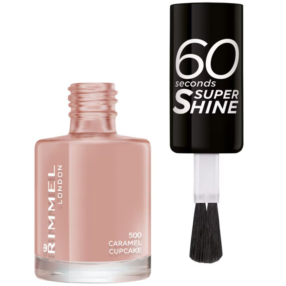 Nagellakflesje met open dop. Opschrift: 60 seconds Super Shine. Kleur: Caramel Cupcake.