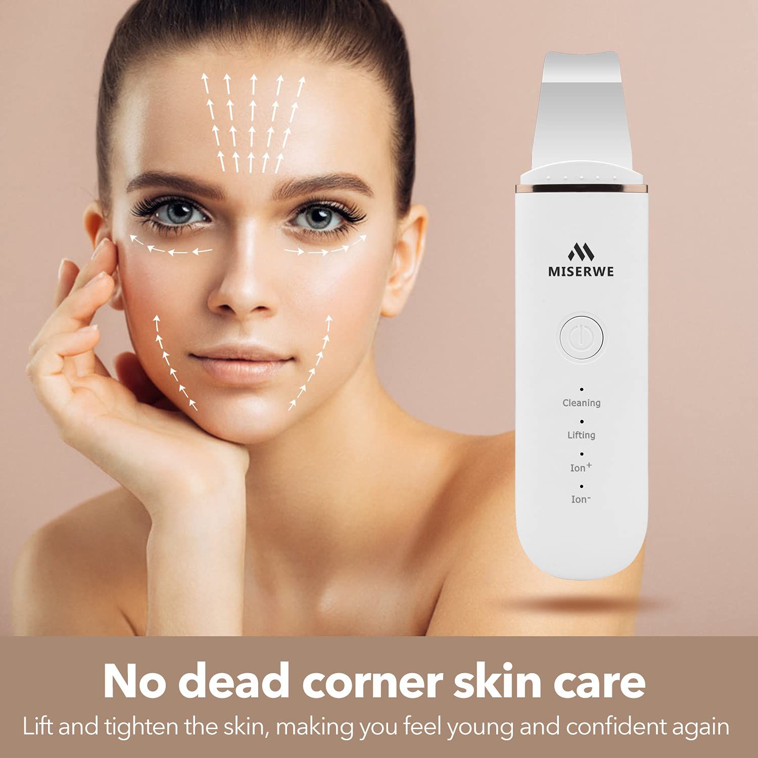 Appareil de soin de la peau blanc avec spatule métallique et panneau de commande. Marque : MISERWE. Visage d'une femme avec des lignes de soin de la peau.