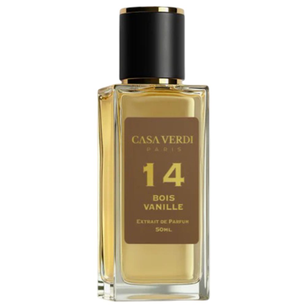 Glazen fles met zwarte dop. Op bruin etiket: Casa Verdi Paris, 14 Bois Vanille, Extrait de Parfum.