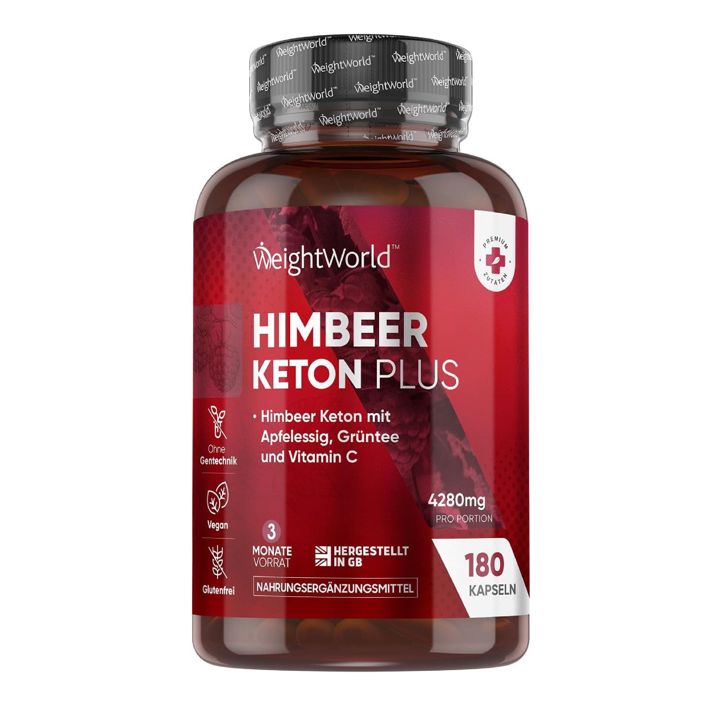 Bouteille de Cétones de Framboise Plus avec étiquette indiquant 4280mg, 180 gélules et 'Fabriqué en GB'. Contient extrait de framboise, vinaigre de cidre, thé vert, Vitamine C.