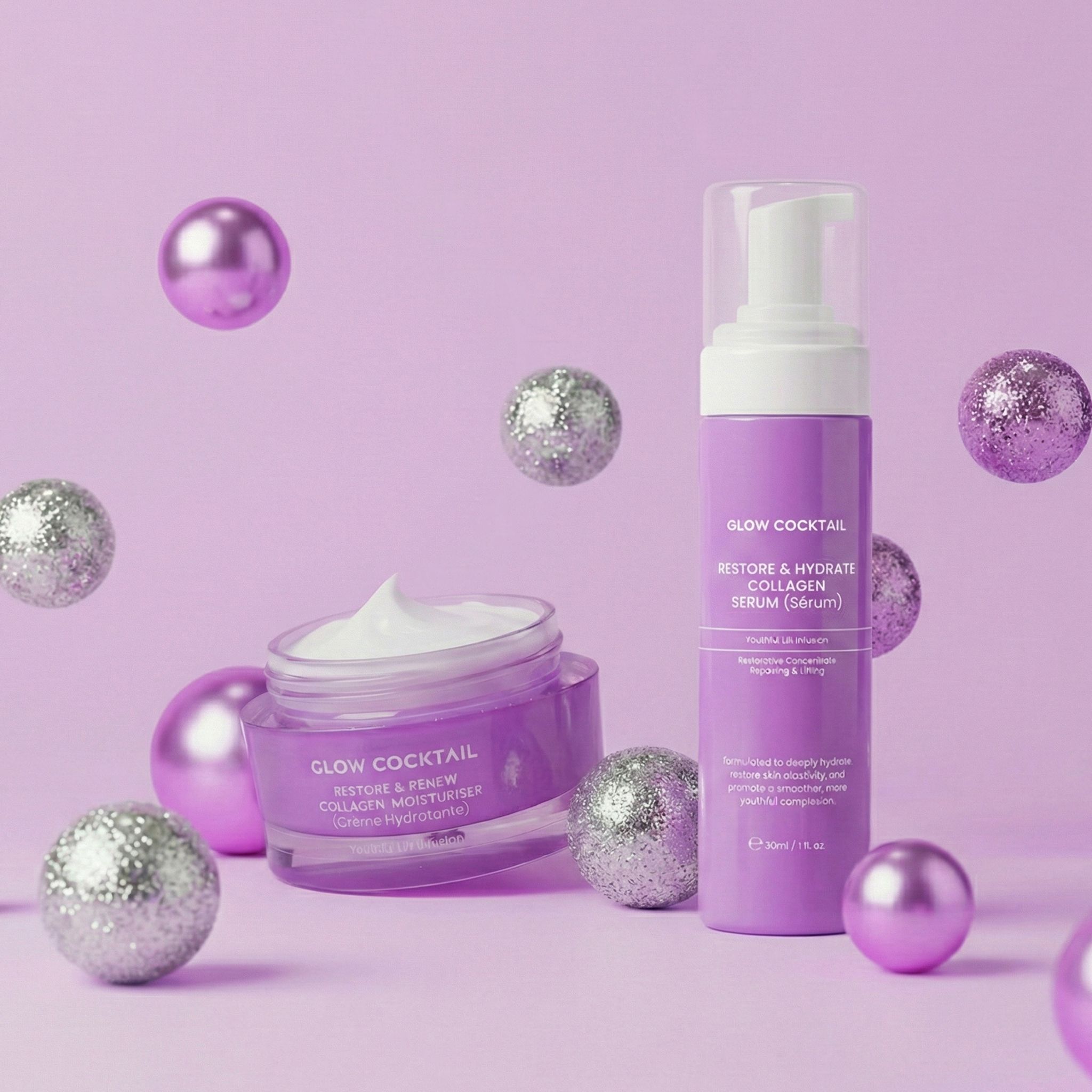 Pot de crème et flacon de sérum violets avec boules blanches. Inscription: Glow Cocktail, Restore & Renew Collagen.