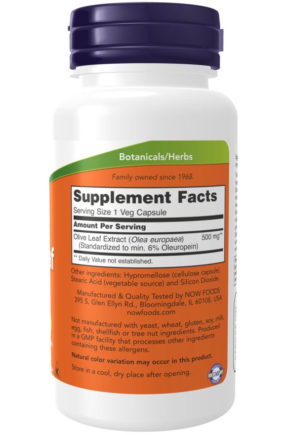 Dos du flacon. Inscription: Supplement Facts, Olive Leaf Extract, 500 mg. Ingrédients. Logo NOW FOODS.