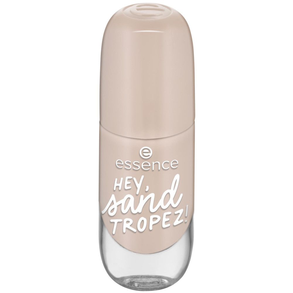 Flacon de vernis à ongles avec bouchon. Inscription: Essence, Hey, Sand Tropez! Couleur: beige clair.