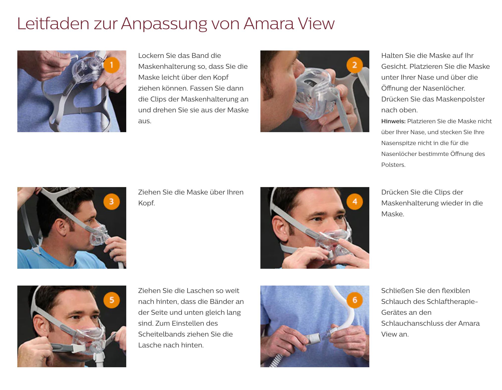 Instructions pour le masque CPAP Philips Amara View : six étapes pour ajuster et connecter le masque.