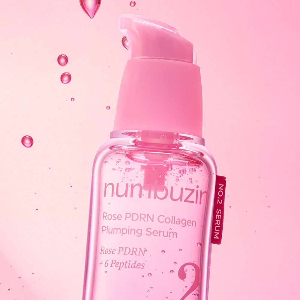 Numbuzin No.2 Rose PDRN Collagen Plumping Serum met roze bubbels.