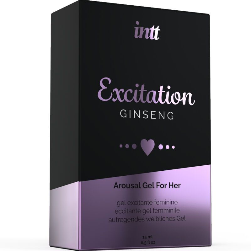Zwarte verpakking. Opschrift: intt Excitation Ginseng. Productnaam en hartsymbool. Tekst: Arousal Gel For Her. Paarse accent.