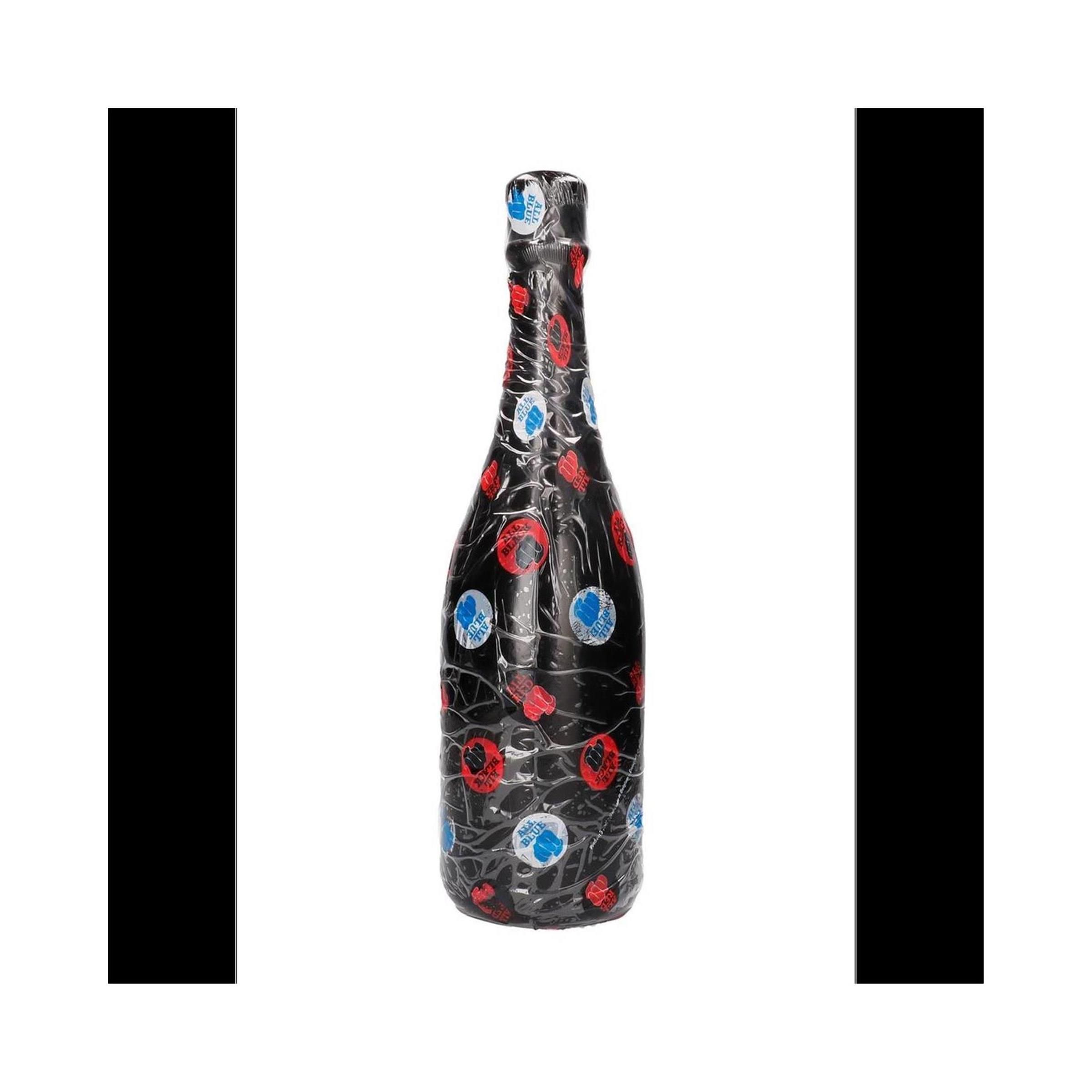 Buttplug noir en forme de bouteille avec motif rouge et bleu.