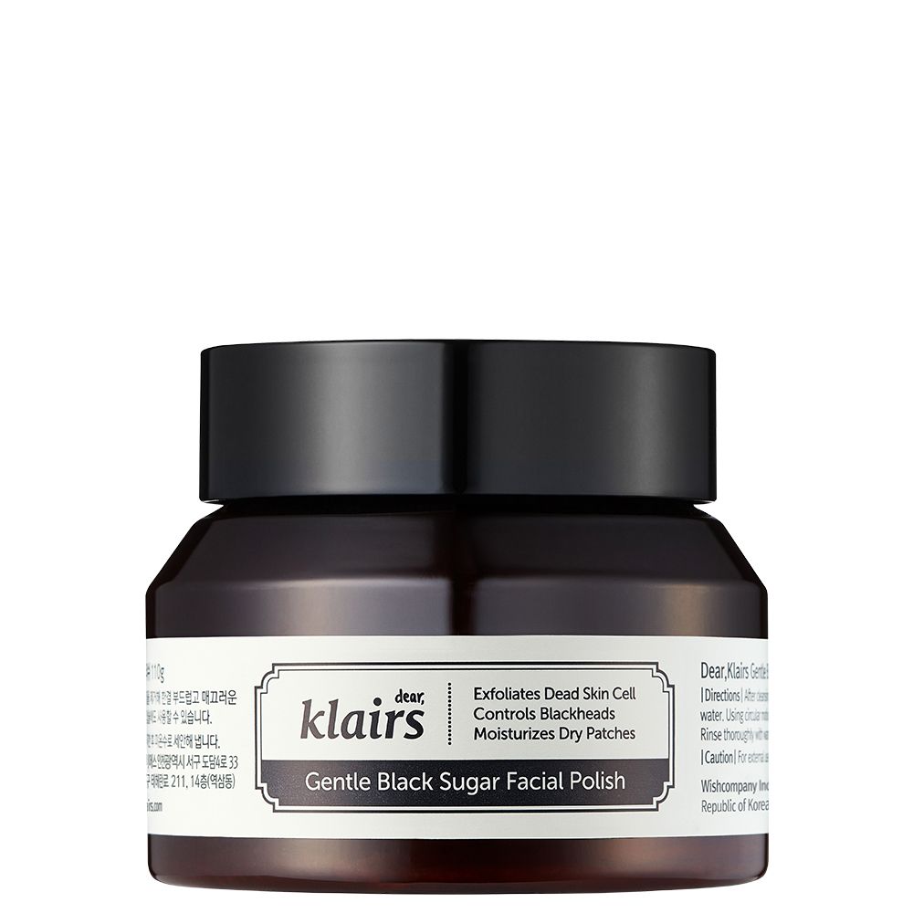 Klairs Gentle Black Sugar Facial Polish potje met zwart deksel en etiket op witte achtergrond.