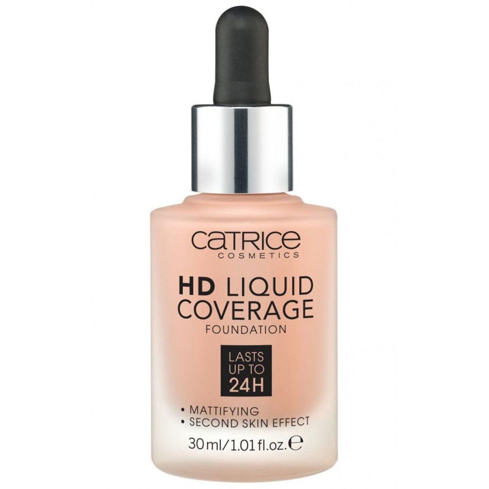 Fond de teint liquide HD, flacon en verre avec pipette. Inscription: Catrice, HD Liquid Coverage Foundation, matifiant, 30ml.
