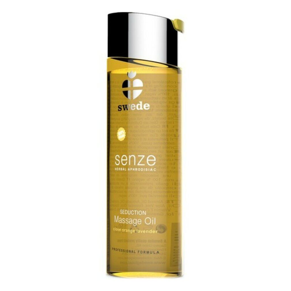 Swede Senze Seduction massageolie in heldere fles met zilveren dop. Gele olie.