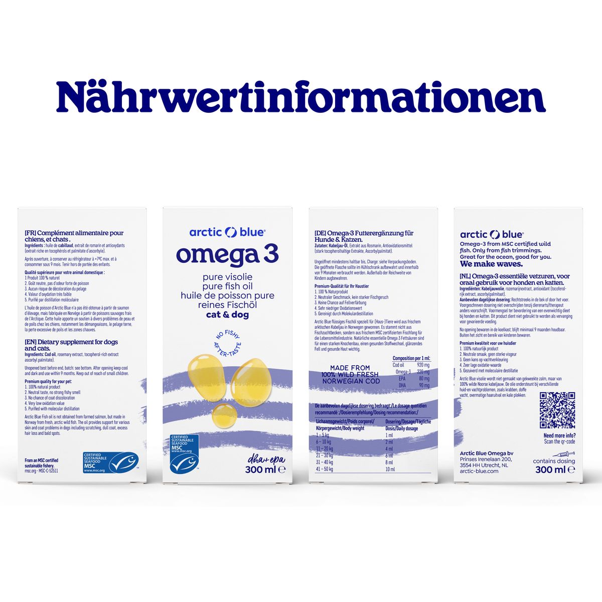 Quatre boîtes Arctic Blue Omega 3. Texte: Informations nutritionnelles, ingrédients, dosage. Label MSC. 300 ml.