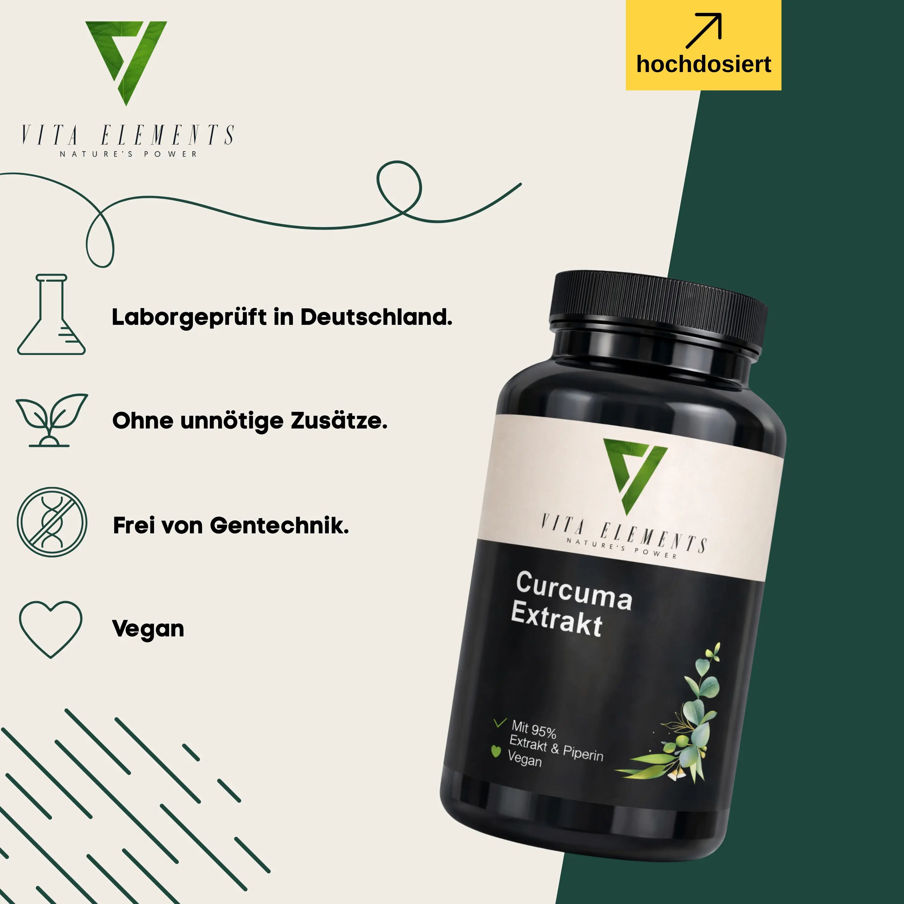 Vita Elements Kurkuma Extract: In Duitsland in het laboratorium getest, zonder onnodige toevoegingen, zonder genetische manipulatie, veganistisch.