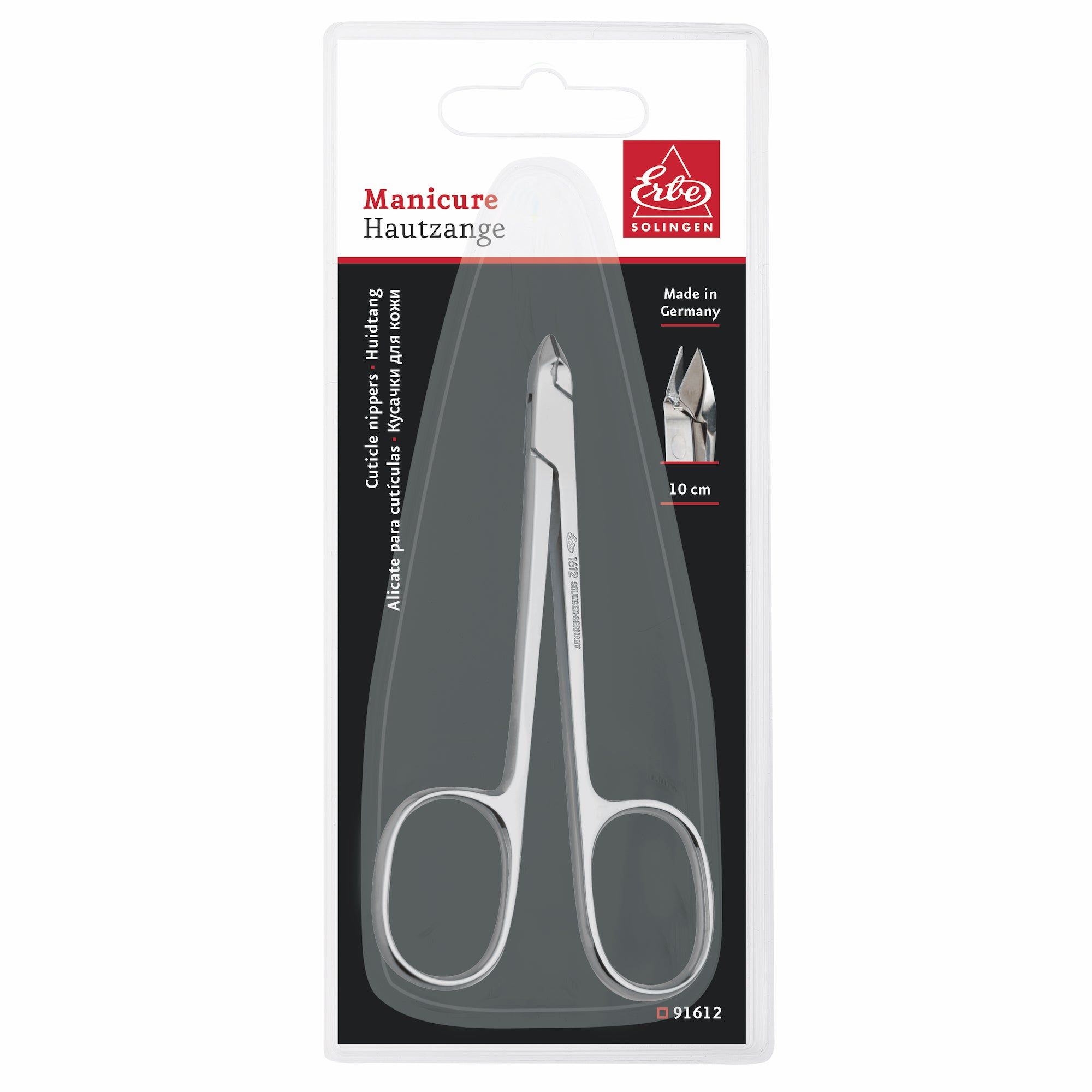 Huidtang in blisterverpakking. Zilverkleurig metaal, 10 cm. Merk ERBE Solingen. Made in Germany.