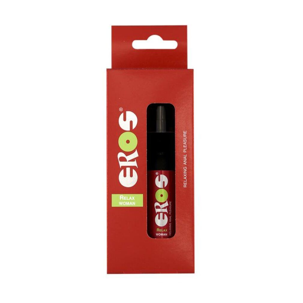 Rode verpakking met product. EROS Relax Woman spray in rode doos. Zichtbare productopdruk.