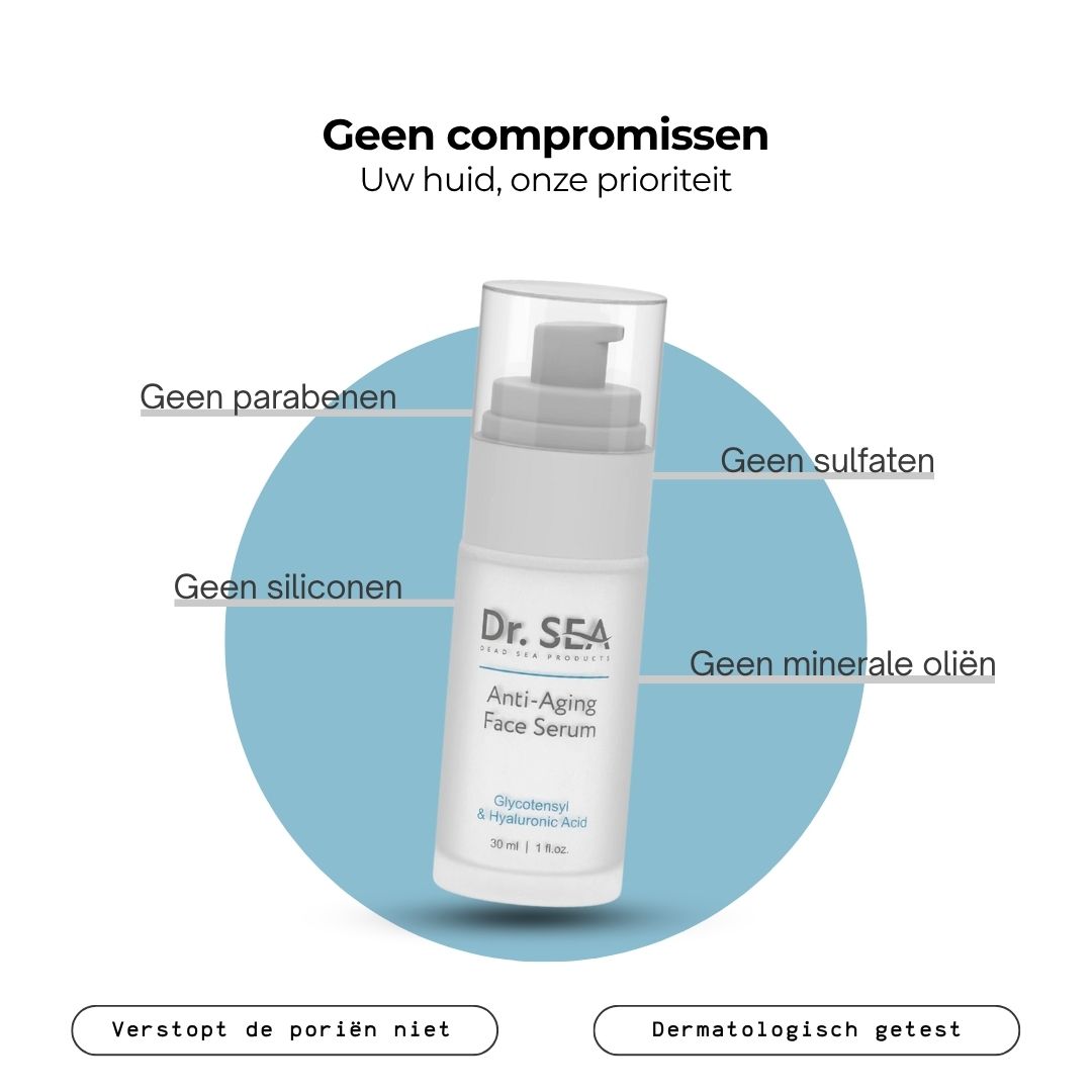 Serumfles met pomp. Tekst: Dr. SEA, Anti-Aging Face Serum. Zonder parabenen, sulfaten, siliconen, minerale oliën. Dermatologisch getest.