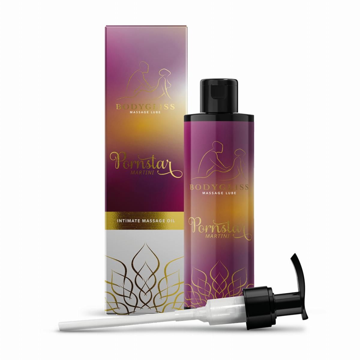 Fles en verpakking. Opschrift: BodyGliss Massage Lube, Pornstar Martini. Paars-gouden design. Afzonderlijke pomp.