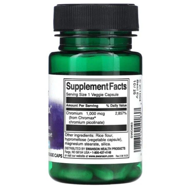Dos du flacon vert. Étiquette avec informations nutritionnelles: Chrome 1 000 mcg. Ingrédients, informations fabricant.