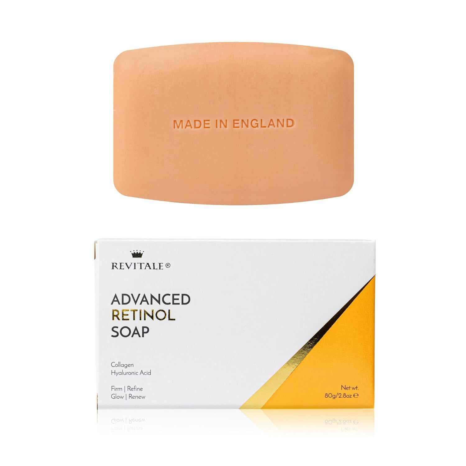 Lichte zeep met opschrift "MADE IN ENGLAND" en productverpakking. Verpakking met "ADVANCED RETINOL SOAP".