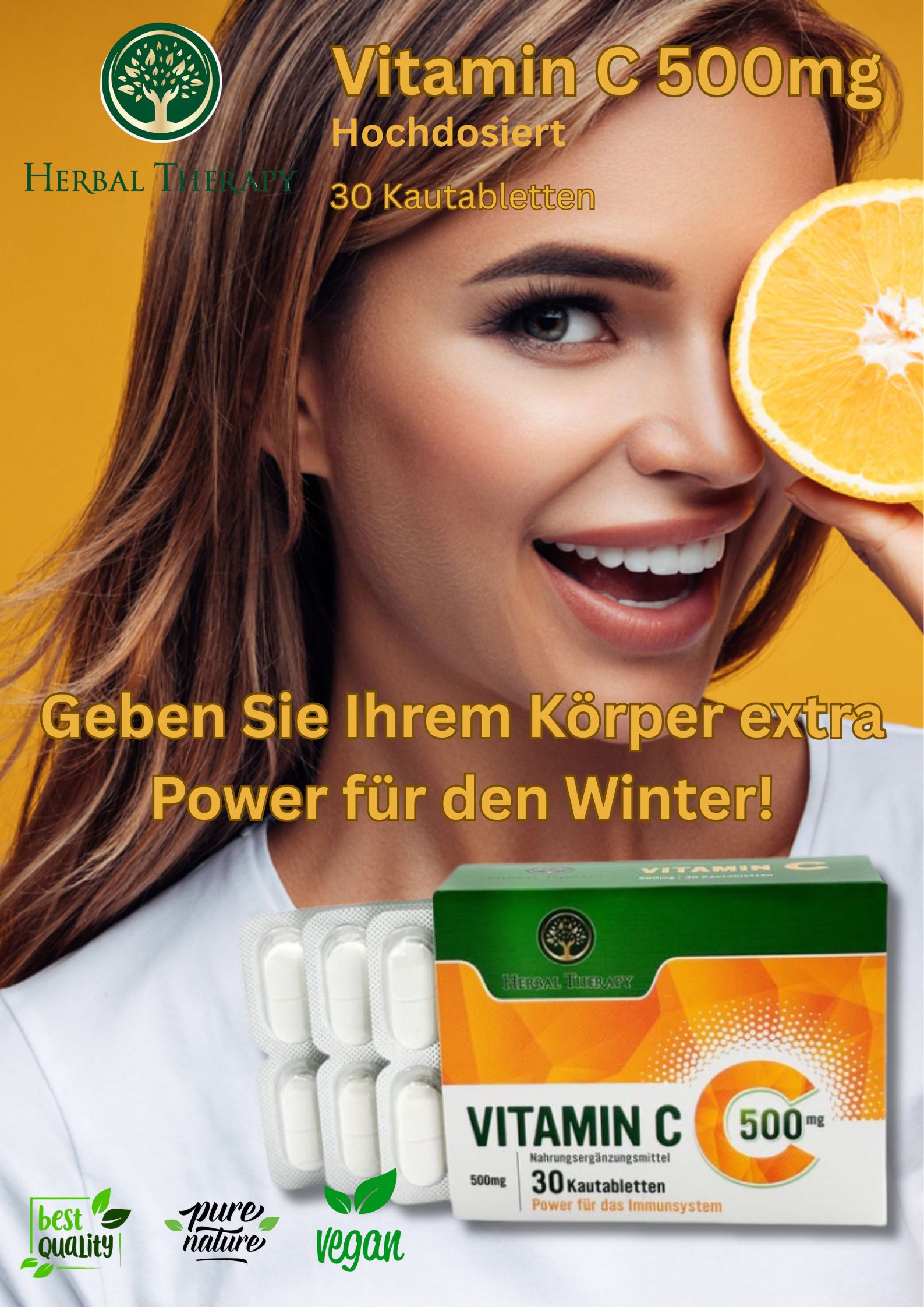 Lachende vrouw met sinaasappel. Vitamine C 500 mg doosje en blister. Vegan, Best Quality, Pure Nature.