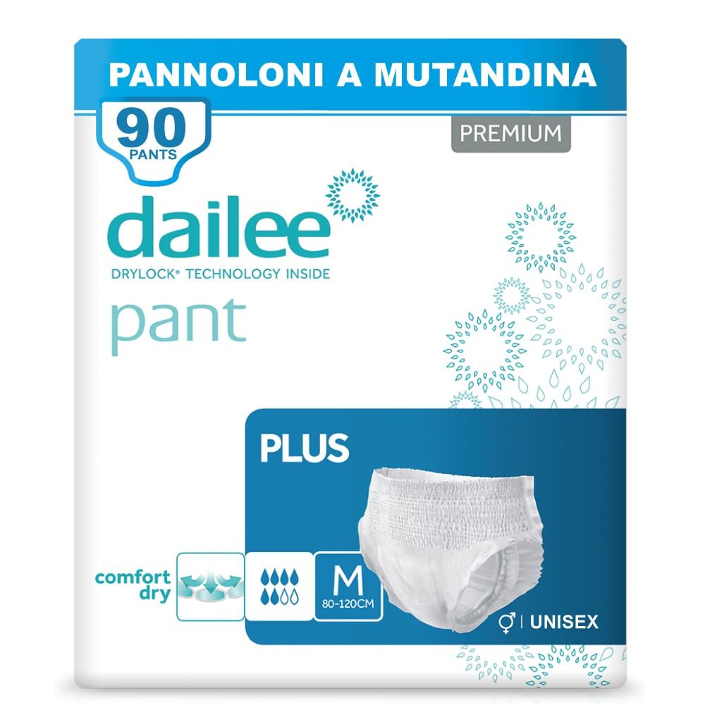 Verpakking Dailee Pants Plus. 90 Pants, Premium. Maat M, 80-120cm. Unisex. Comfort en droog.