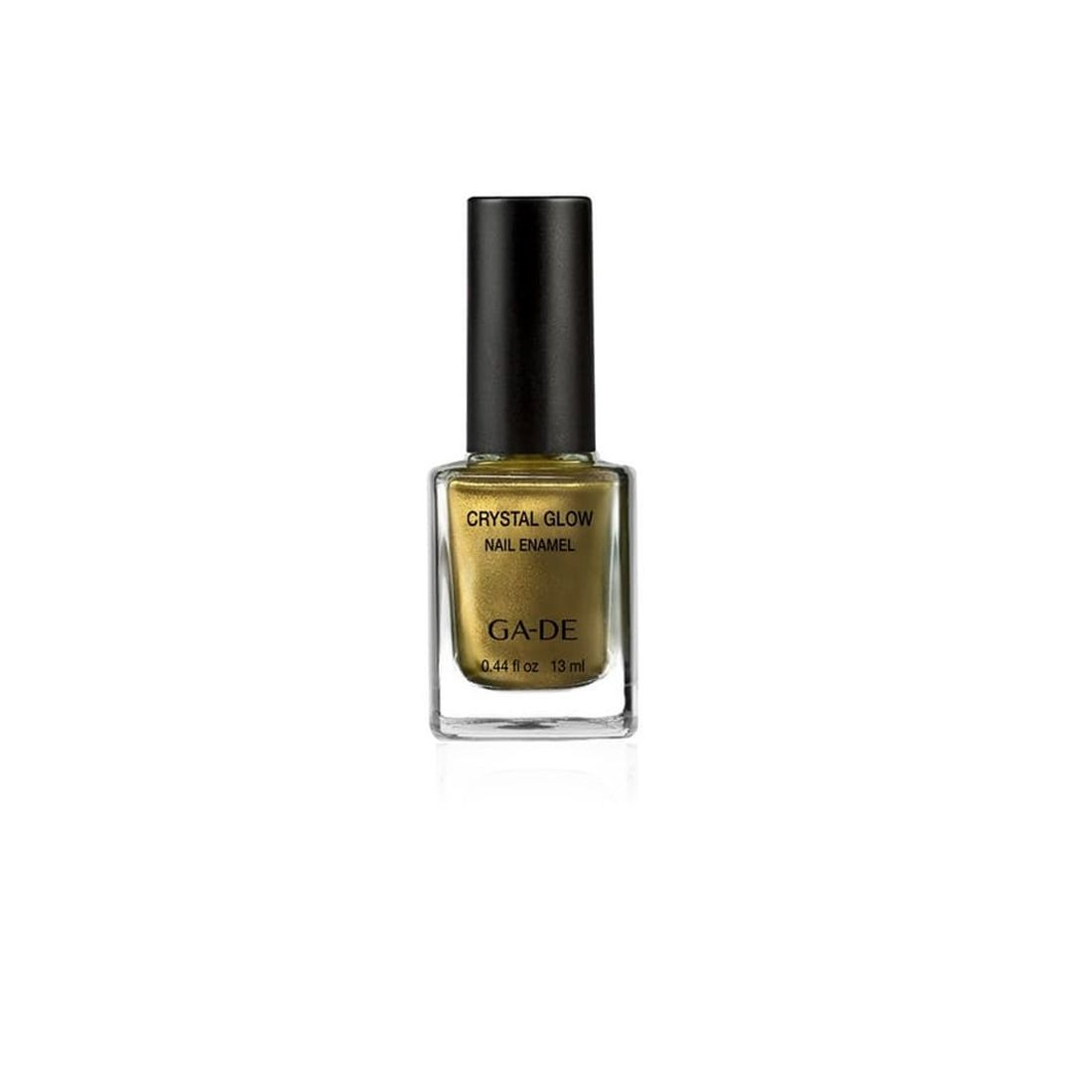Vernis à ongles Ga-De Crystal Glow. Flacon carré en verre, vernis doré, bouchon noir. Inscription: Crystal Glow Nail Enamel et Ga-De.