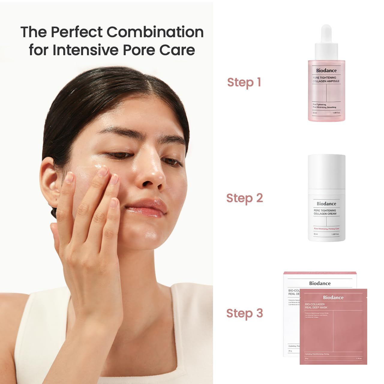 Vrouw brengt crème aan. Producten: ampul, crème, masker. Tekst: The Perfect Combination for Intensive Pore Care.