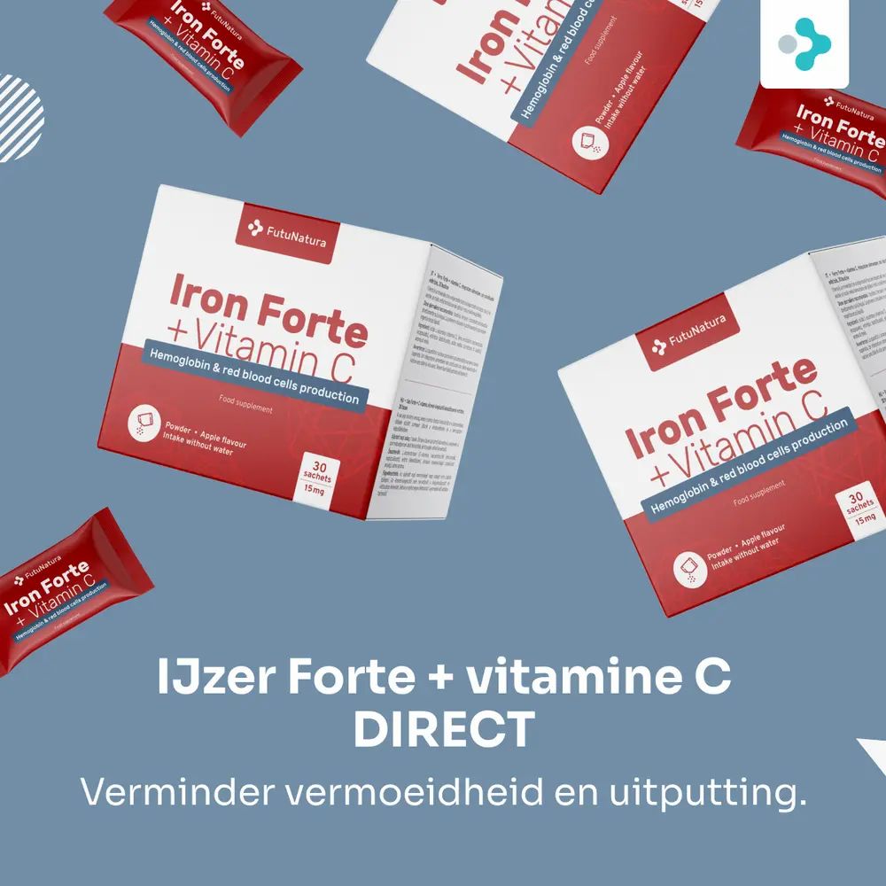 Meerdere dozen FutuNatura IJzer Forte + Vitamine C. Blauwe achtergrondkleur.