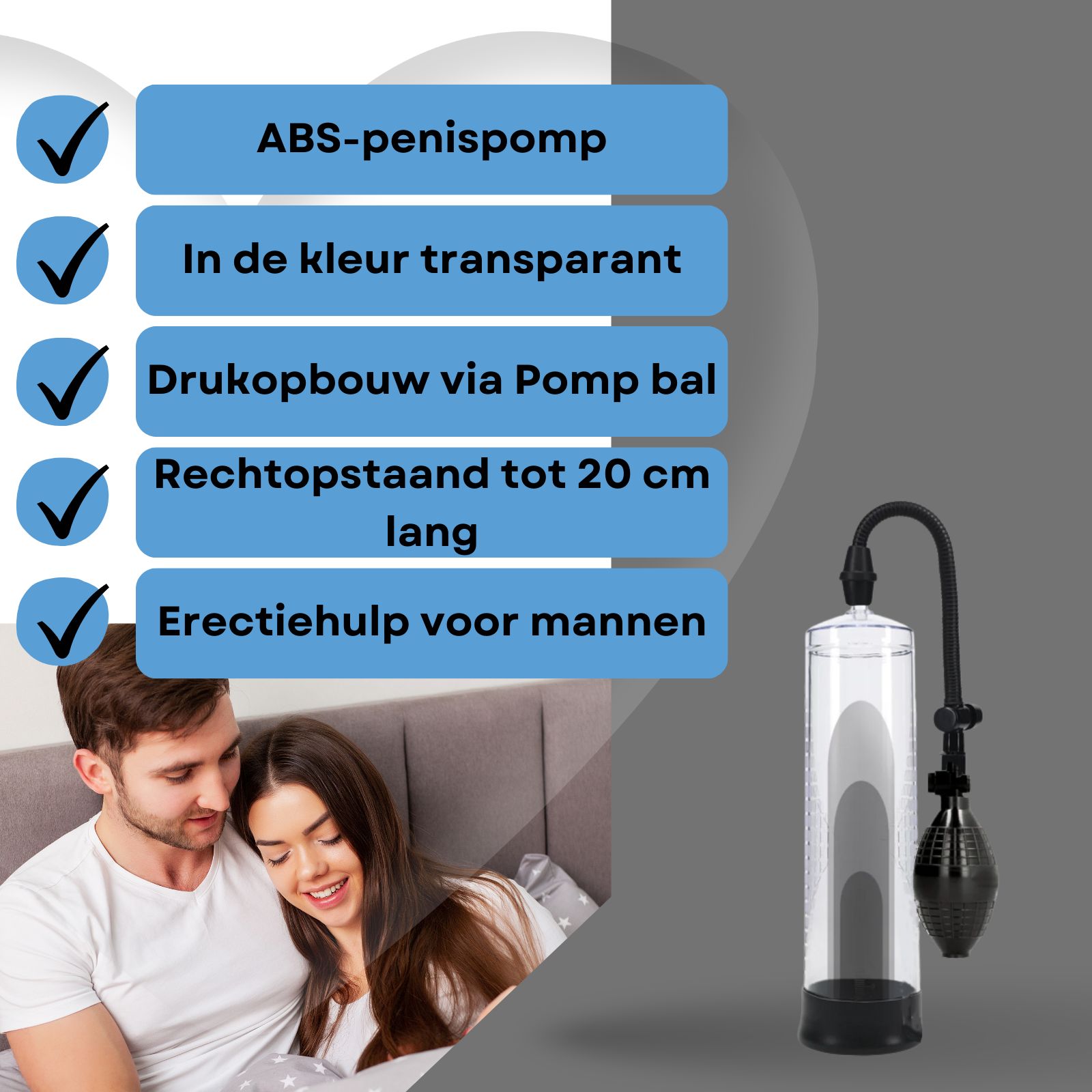 Penis pomp, transparant. Tekst: Erectie hulp voor mannen, in de kleur transparant.