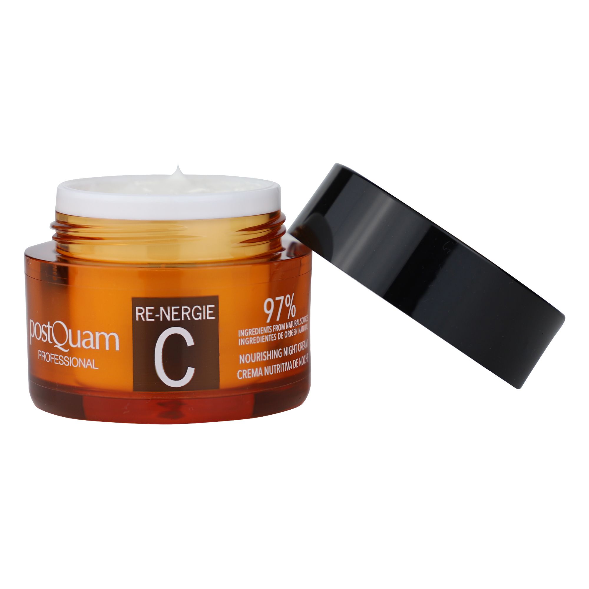 Pot de crème avec couvercle ouvert. Inscription : PostQuam, Re-Nergie C, 97% ingrédients naturels. Couvercle noir.