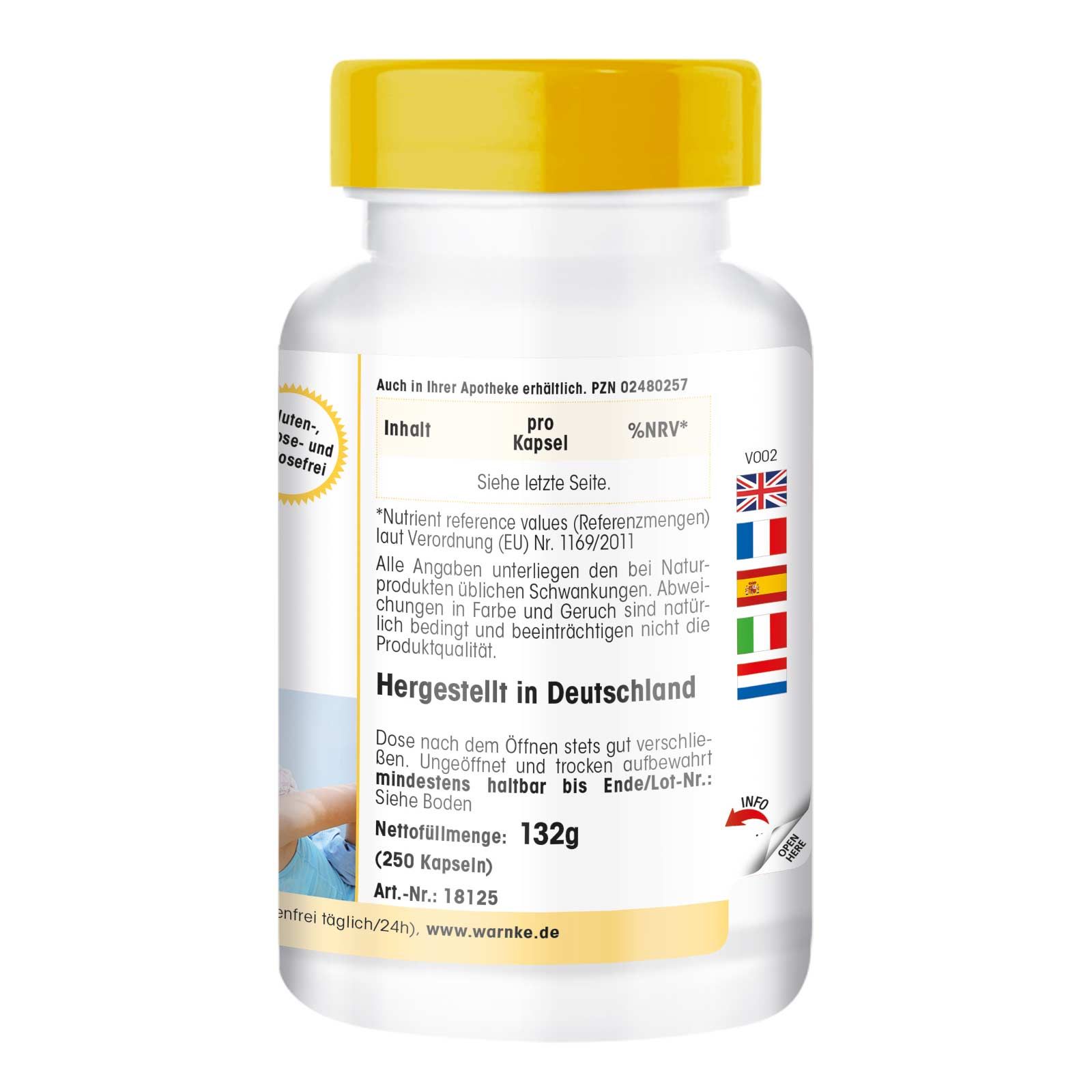 Achterkant van de fles. Tekst: inhoud, per %RV, gemaakt in Duitsland. Nettogewicht: 132g (250 capsules).