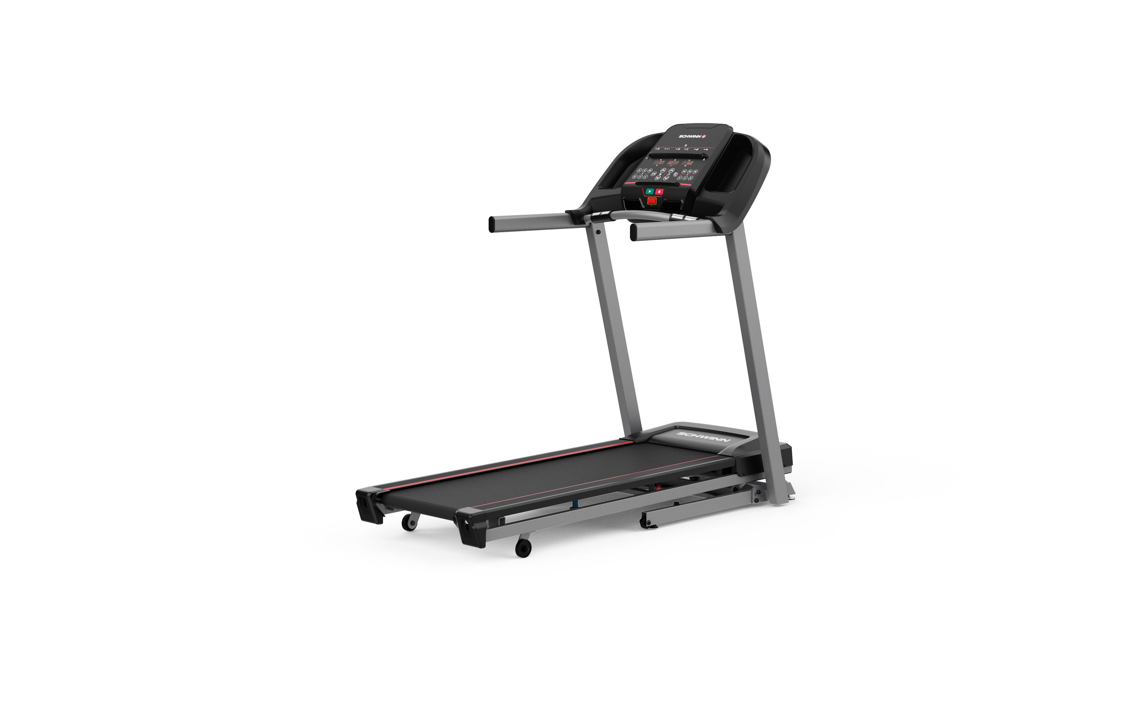 Loopband met zwart loopvlak en grijs frame. Console met display en bediening. Schwinn Fitness SFT 3.5.