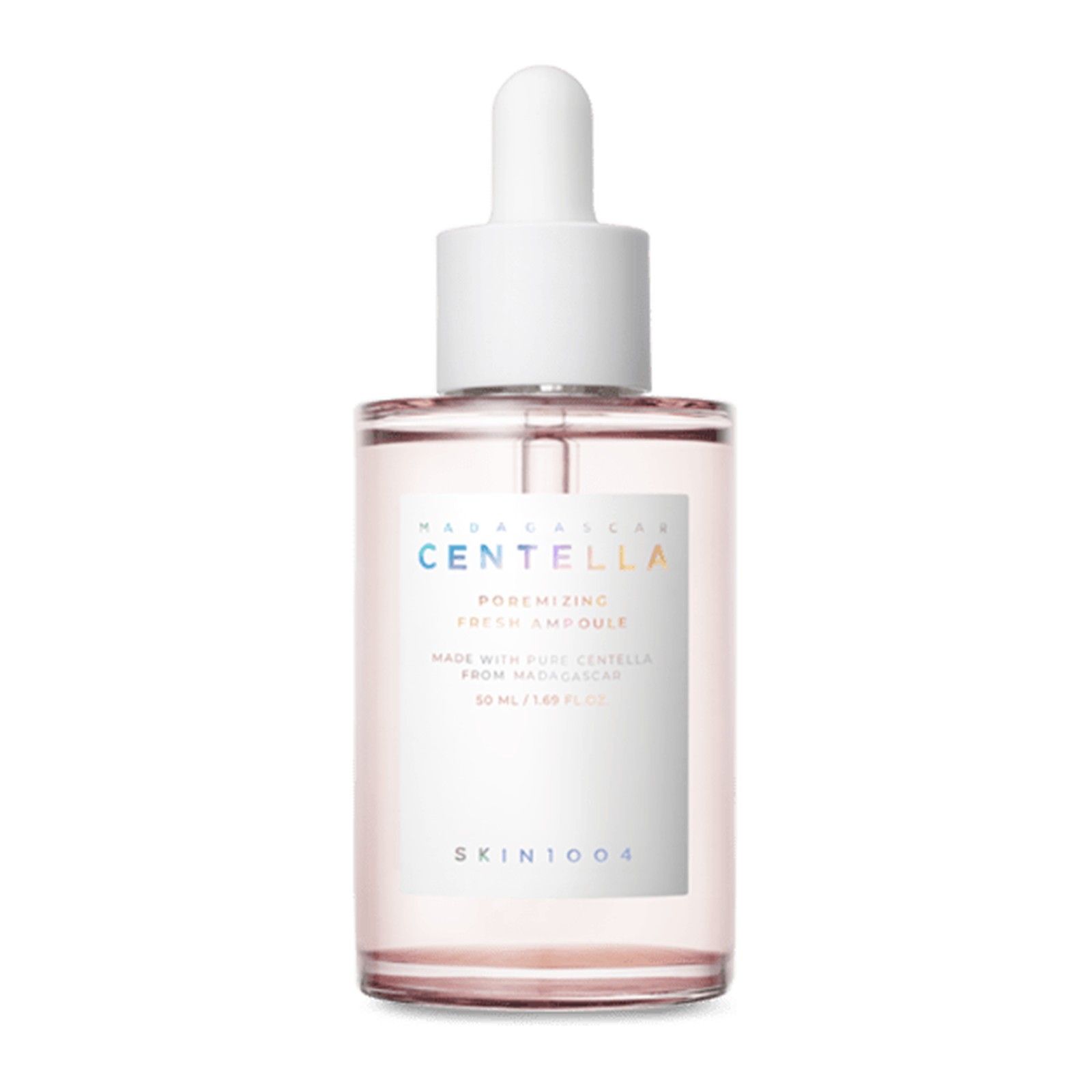 Grande bouteille en verre avec pipette, remplie de liquide rosé. Étiquette avec 'Centella Poremizing Fresh Ampoule', 100 ml.