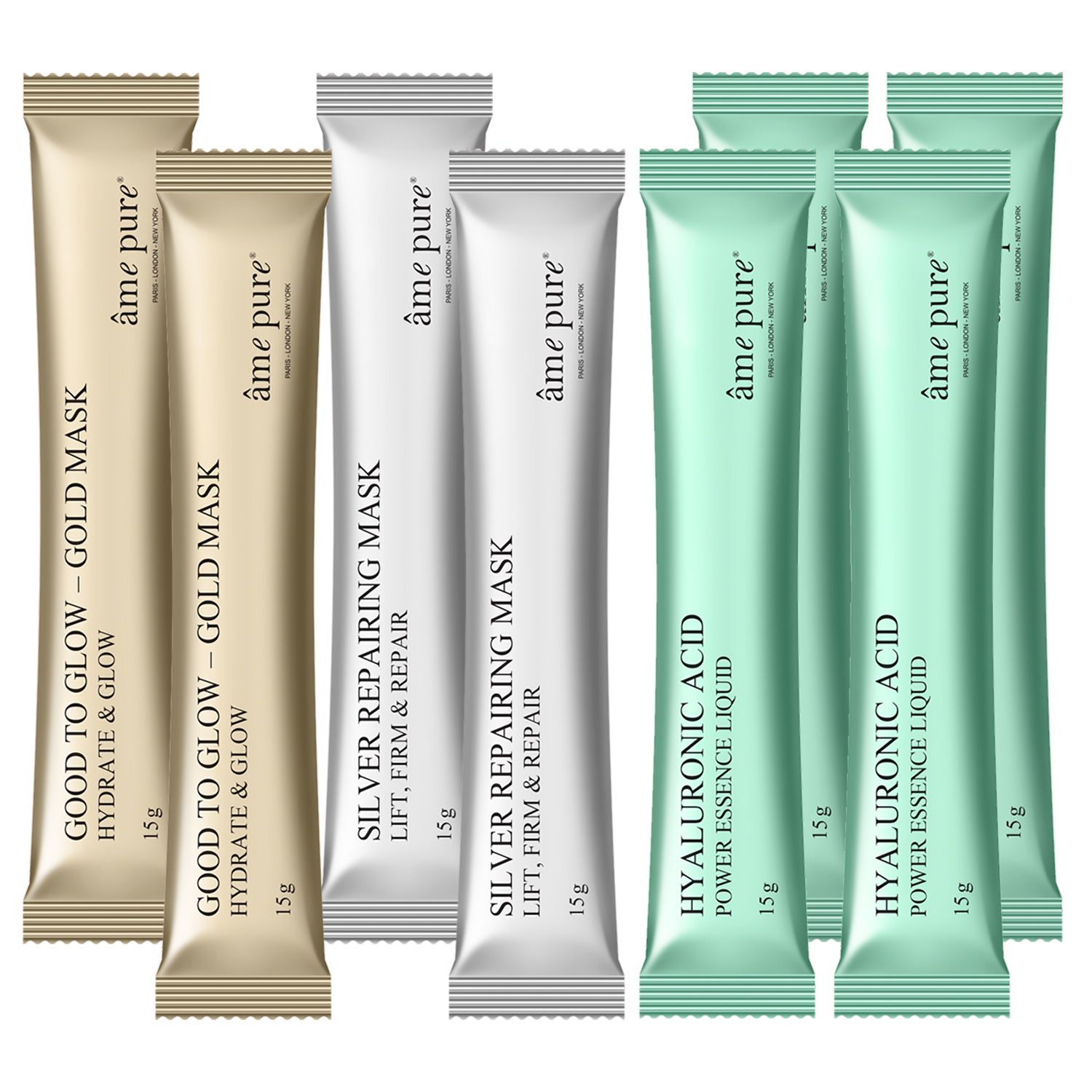 Plusieurs sachets de masques faciaux. Or, argent et vert. Texte : âme pure, Good to Glow, Silver Repairing Mask, Hyaluronic Acid.