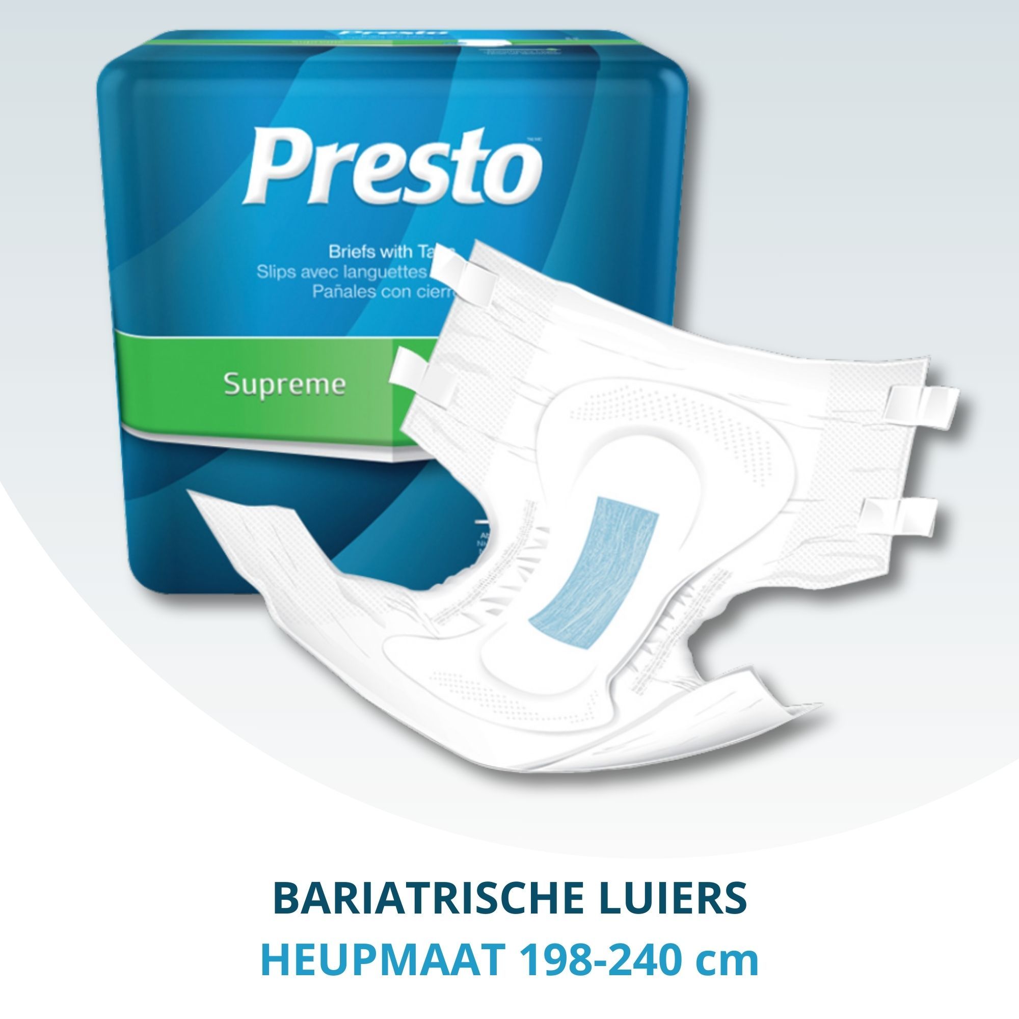Presto bariatrische luier XXXL. Witte luier met blauwe absorptiezone. Verpakking op de achtergrond.