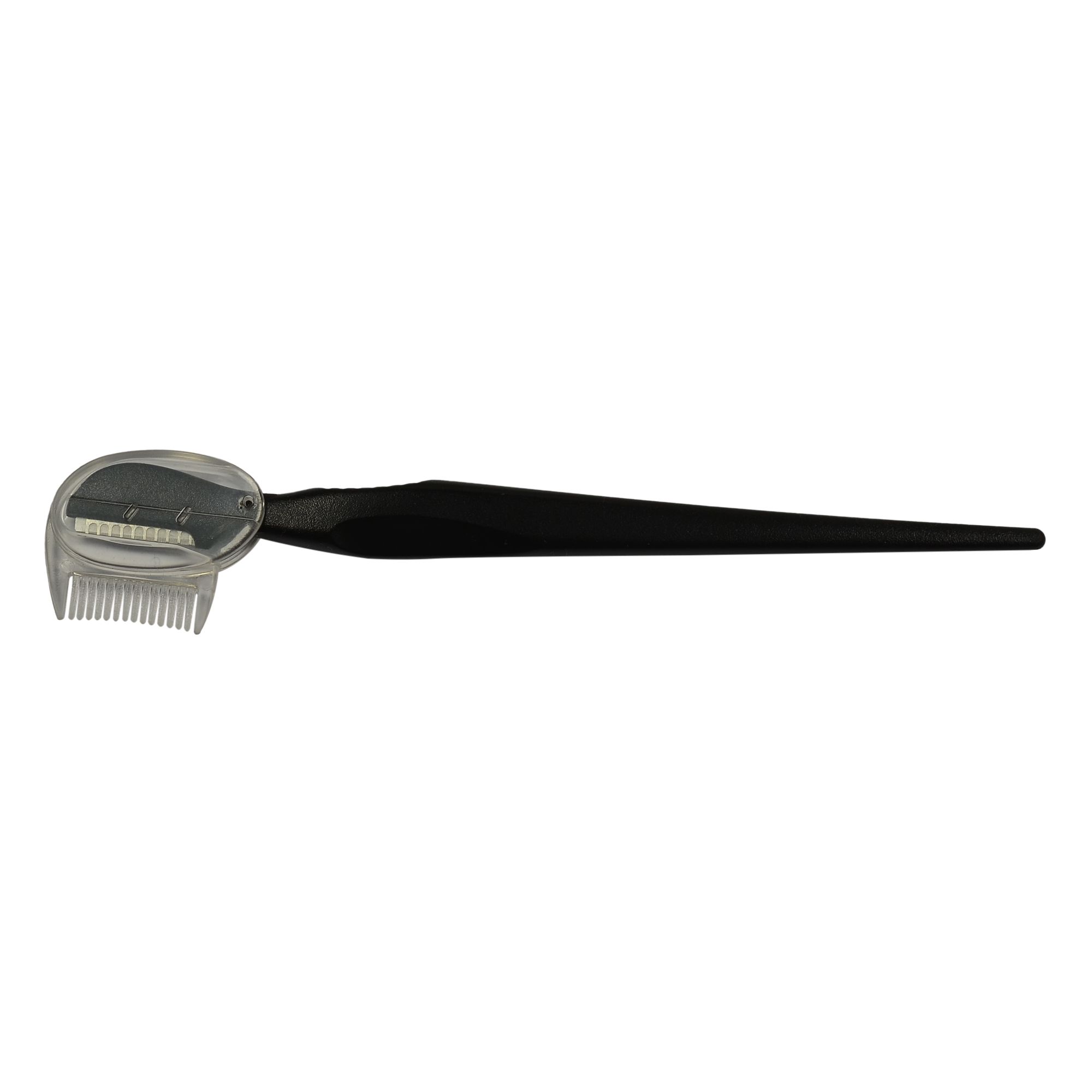 Rasoir à sourcils noir avec lame et capuchon de protection avec peigne.
