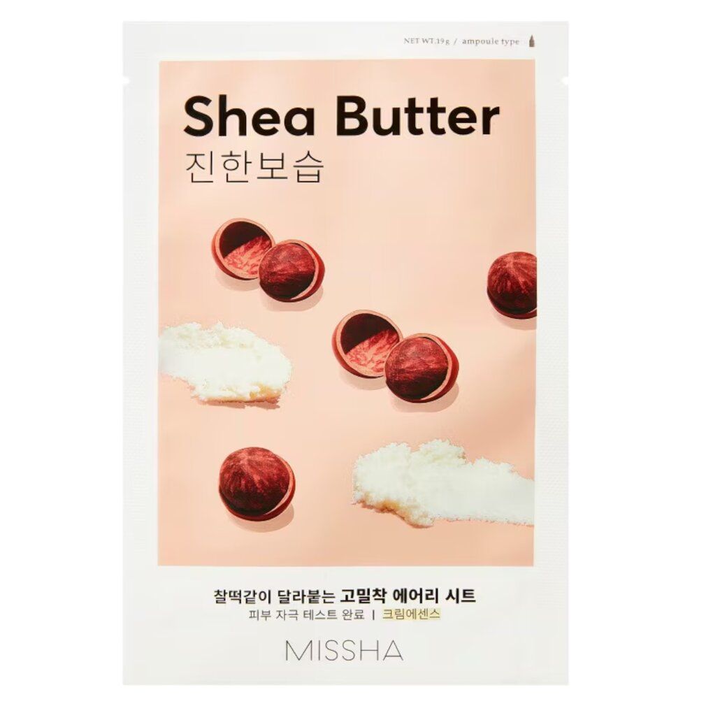 MISSHA Shea Butter sheet mask met sheanoten en romige textuur.