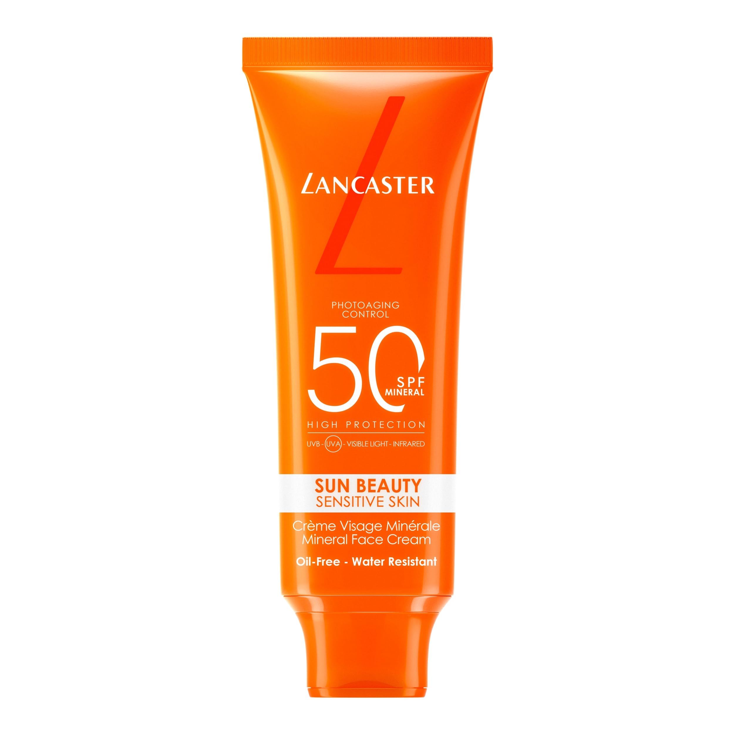 Tube orange de crème solaire Lancaster, SPF 50, minéral.