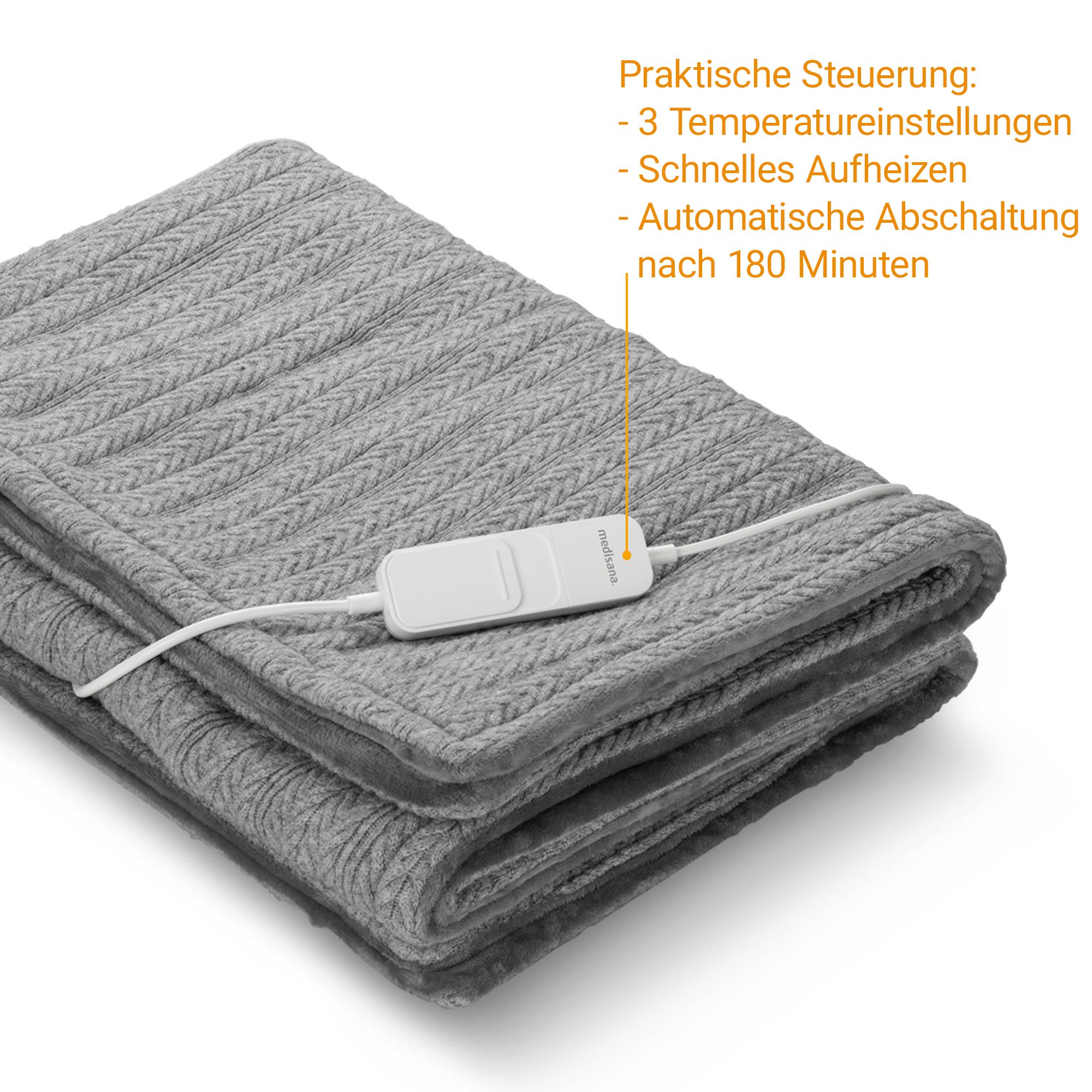 Couverture chauffante grise à motif torsadé, envers doux et commande blanche avec câble.