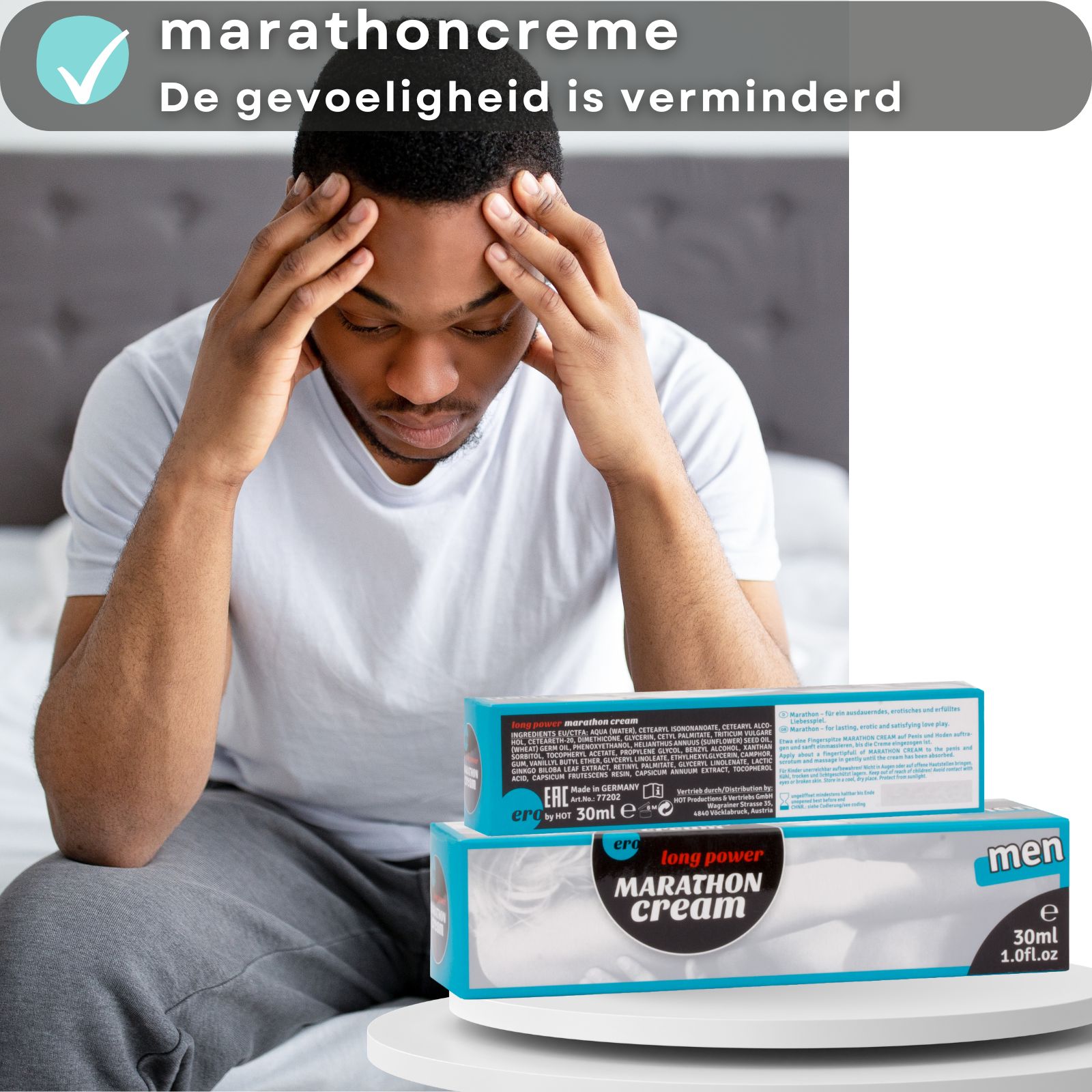 Koppel kust elkaar. Naast de tube en de doos. Opschrift: Marathon Cream. Merk: ero. 30ml.