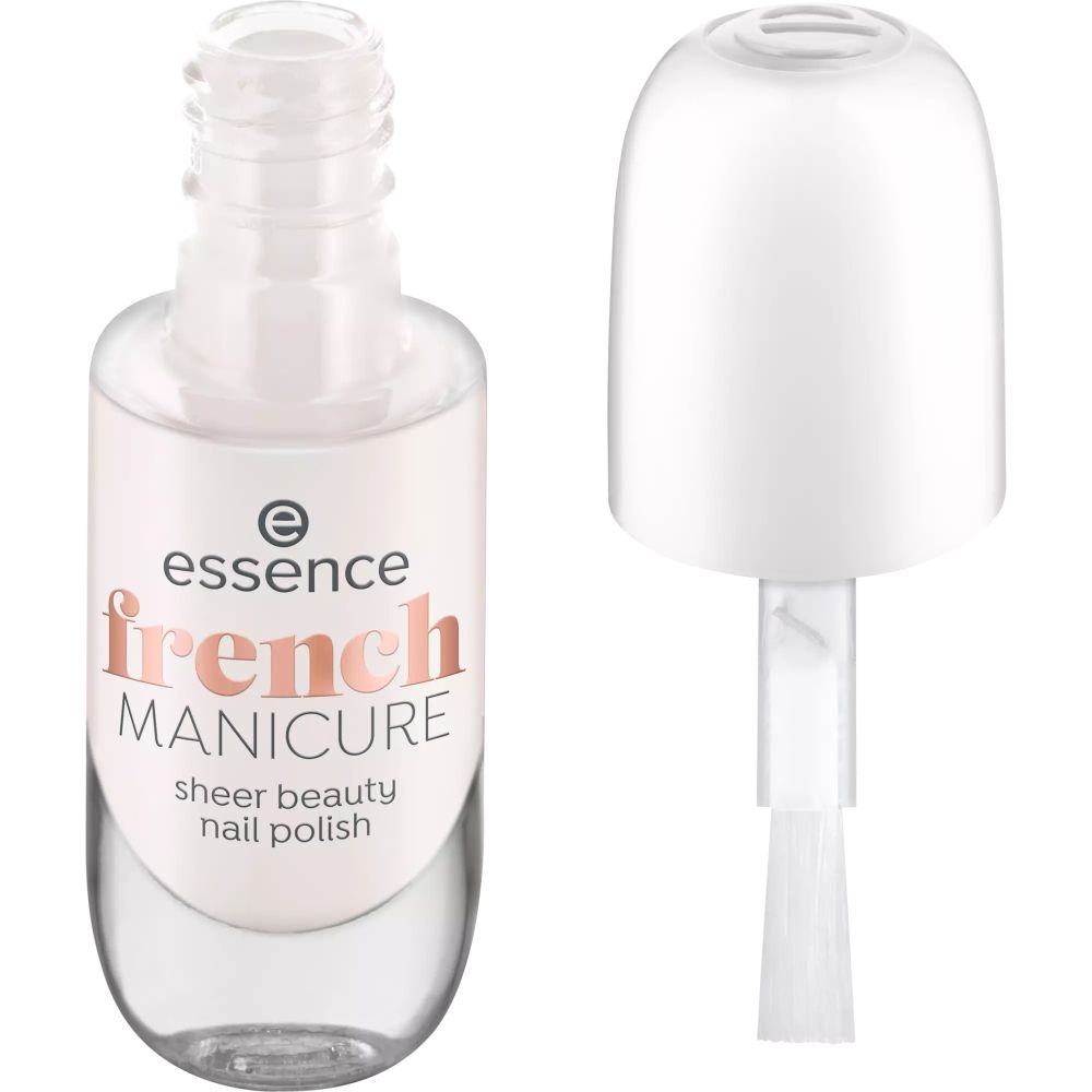 Flacon de vernis à ongles ouvert avec pinceau. Inscription : essence french MANICURE sheer beauty nail polish.