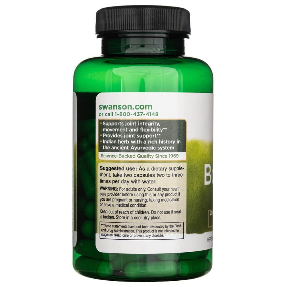 Arrière d'une bouteille verte de Swanson Boswellia Serrata avec instructions d'utilisation et avertissements.