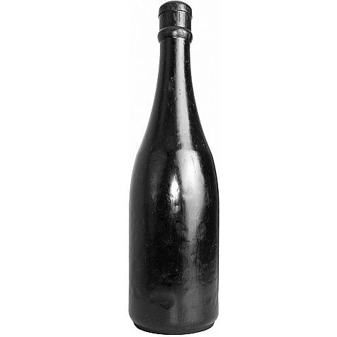 Bouteille en verre noire avec un long col et un bouchon.