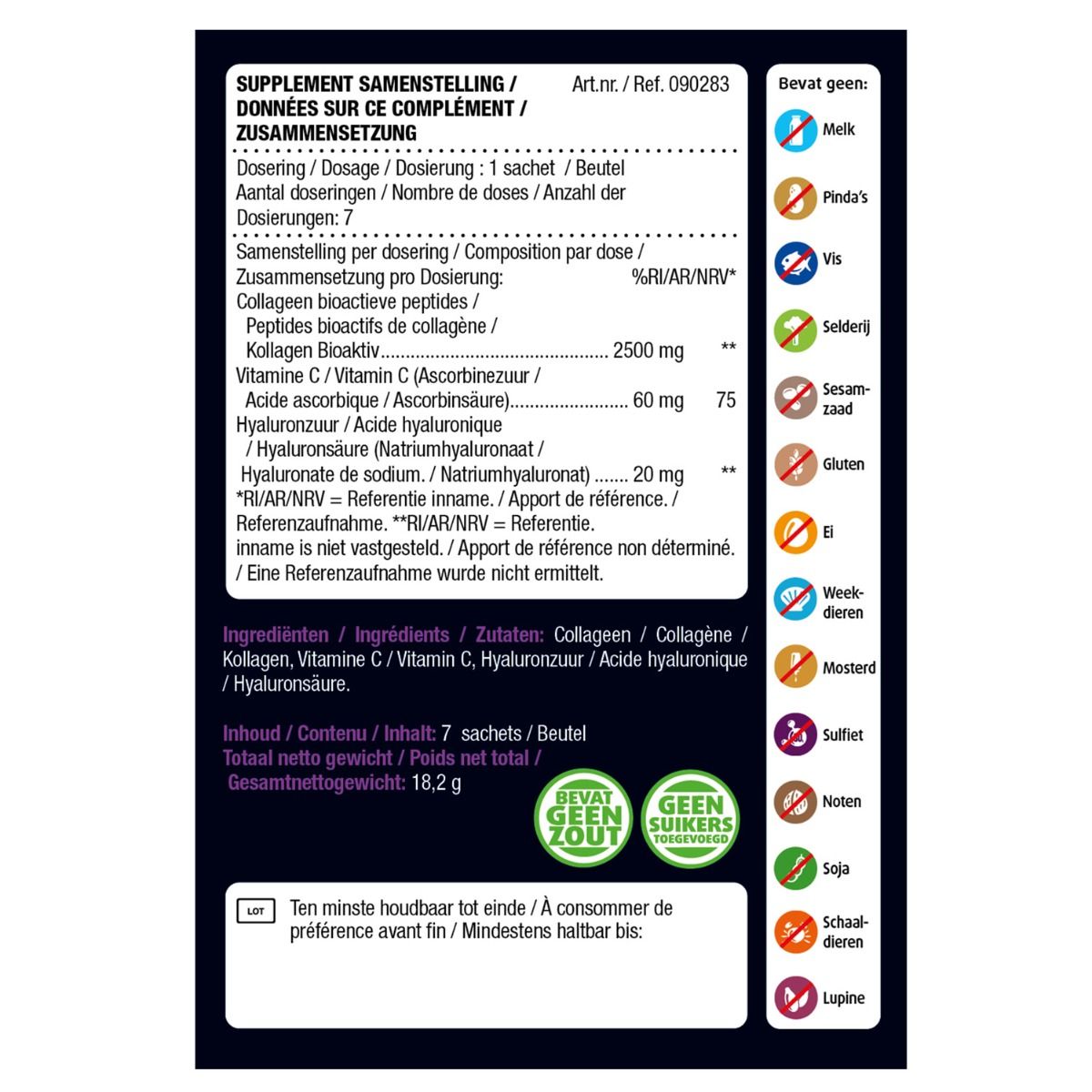 Dos de l'emballage Super Collageen. Contient des informations sur les ingrédients, le dosage et les allergènes. Texte en néerlandais, français et allemand.