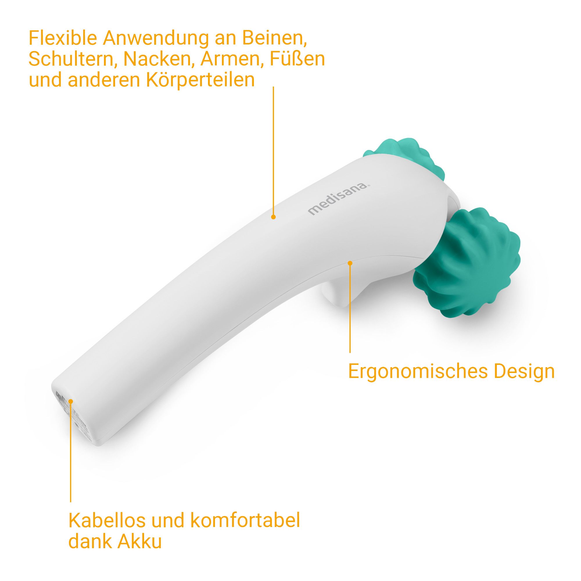 Wit handmassageapparaat met turquoise rollen, ergonomisch ontwerp, draadloos dankzij oplaadbare batterij.