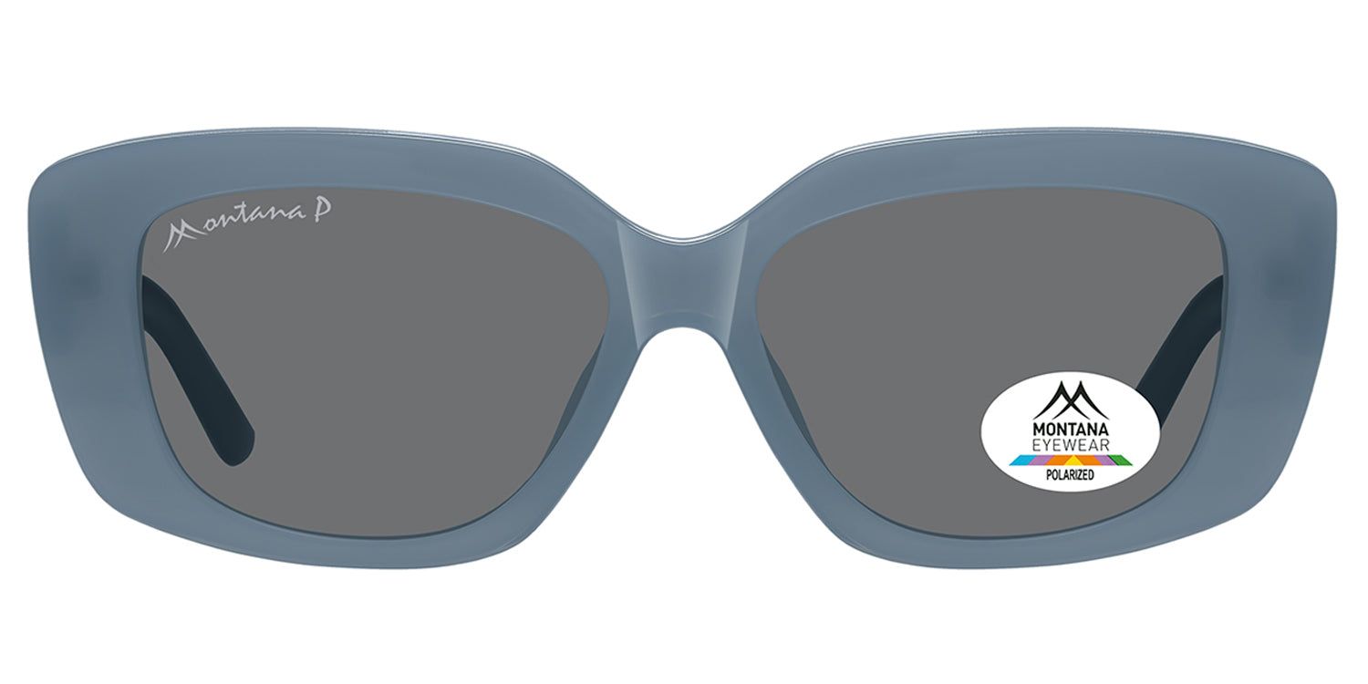 Lunettes de soleil bleues avec verres foncés. "Montana" sur la branche gauche. Autocollant avec logo et "Polarized" sur le verre droit.