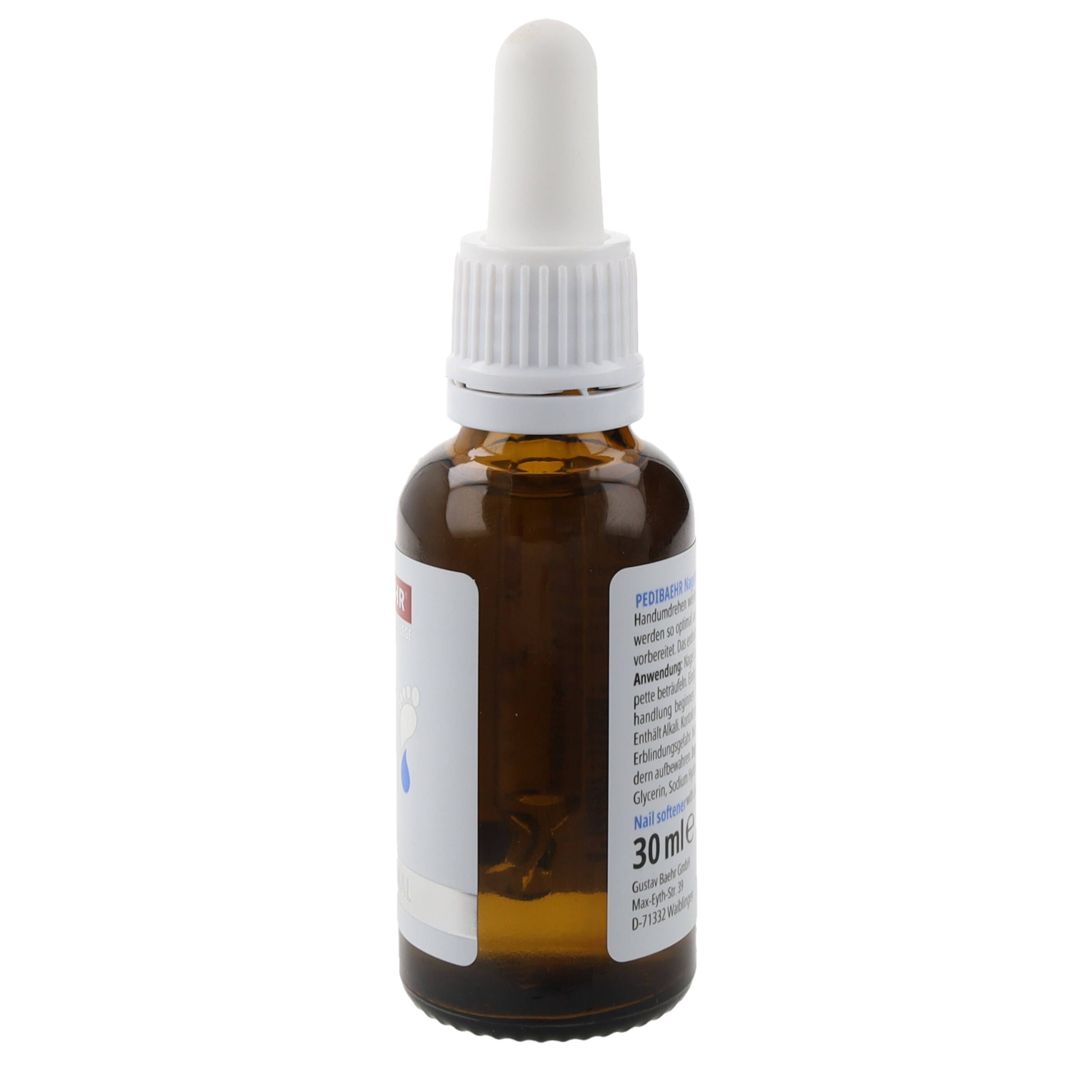 Bruine glazen fles met witte druppelaar. Etiket met tekst. 30 ml. Fles staat rechtop.