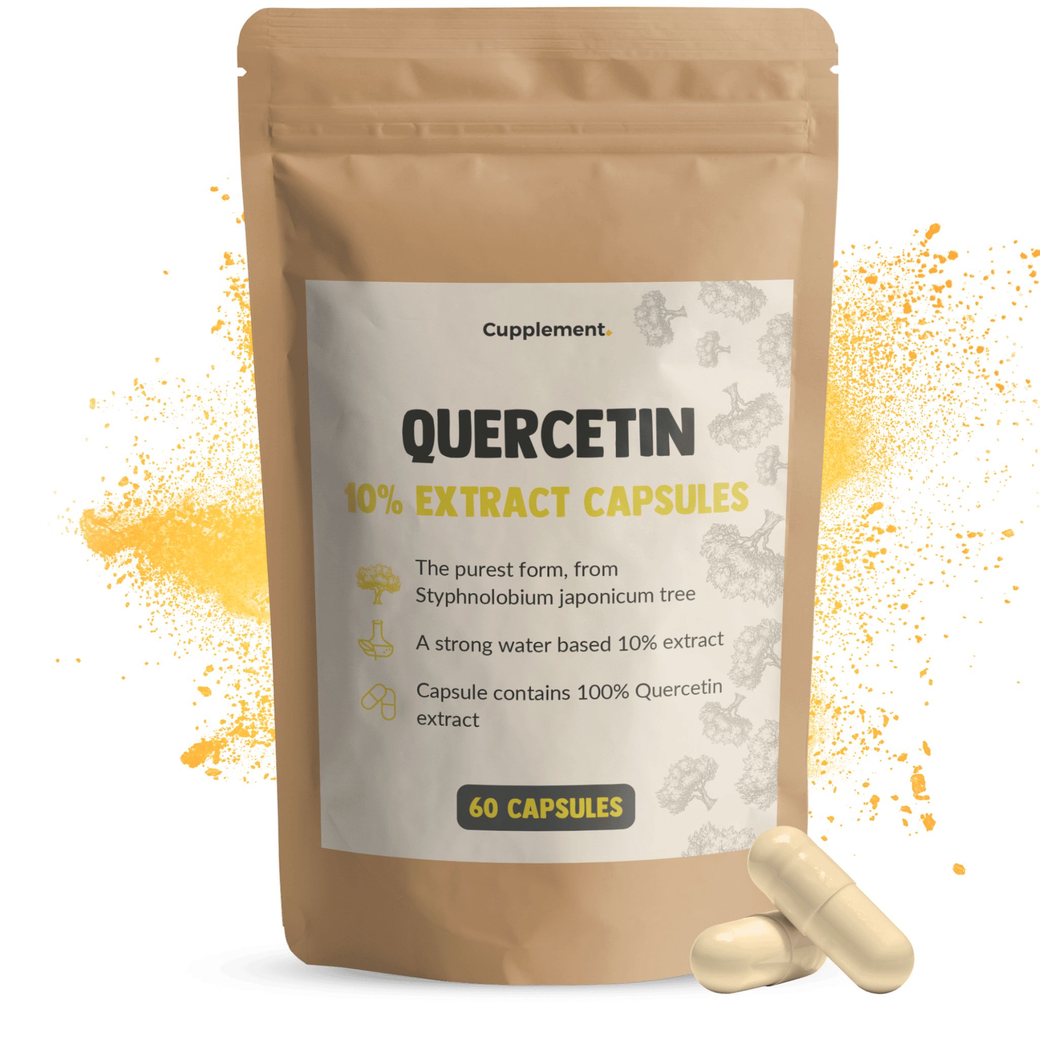 Sachet de gélules de quercétine. Texte: Quercetin 10% Extract Capsules. Deux gélules à côté.