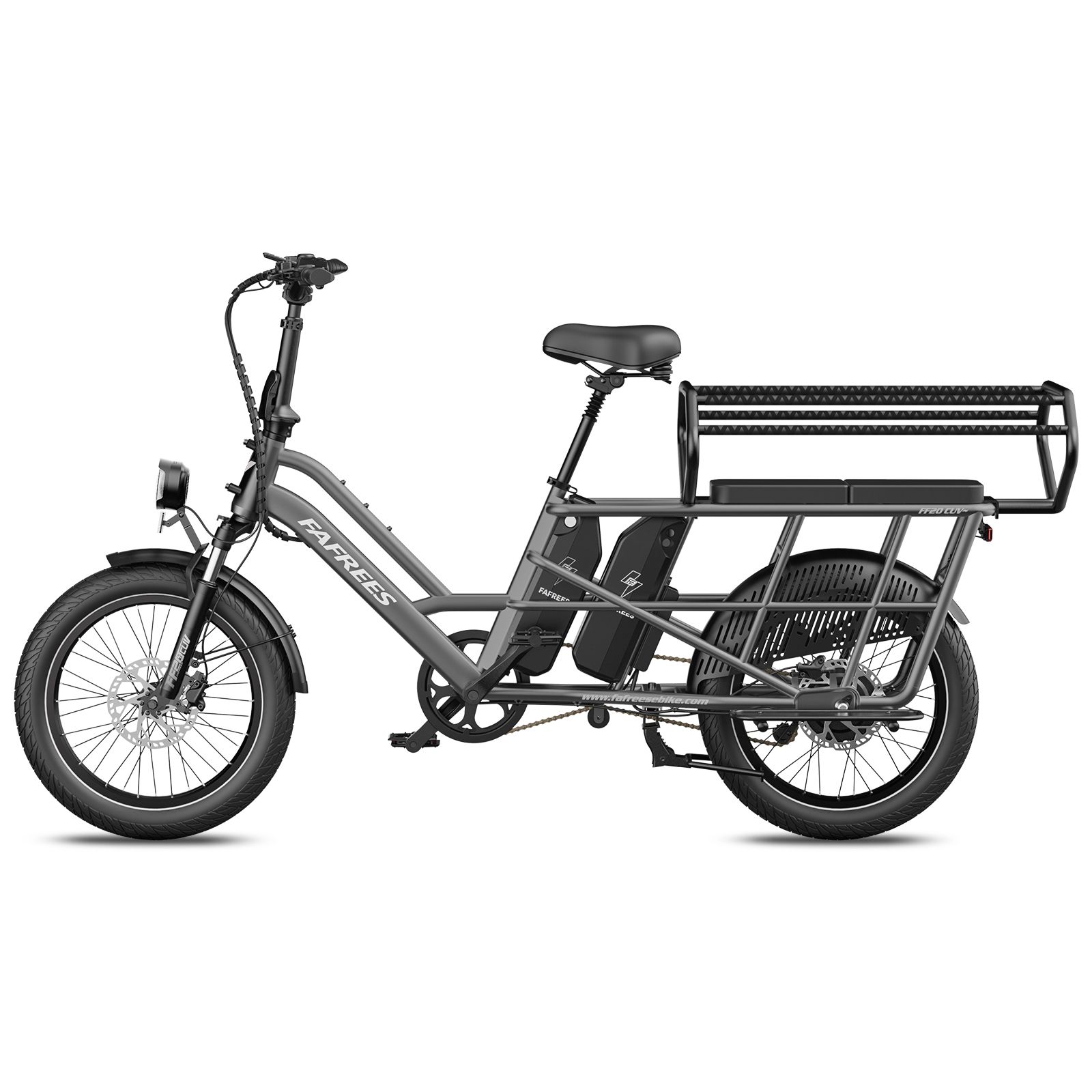 Grijze e-bike, zijaanzicht, met lage instap, bagagedrager en twee accu's.